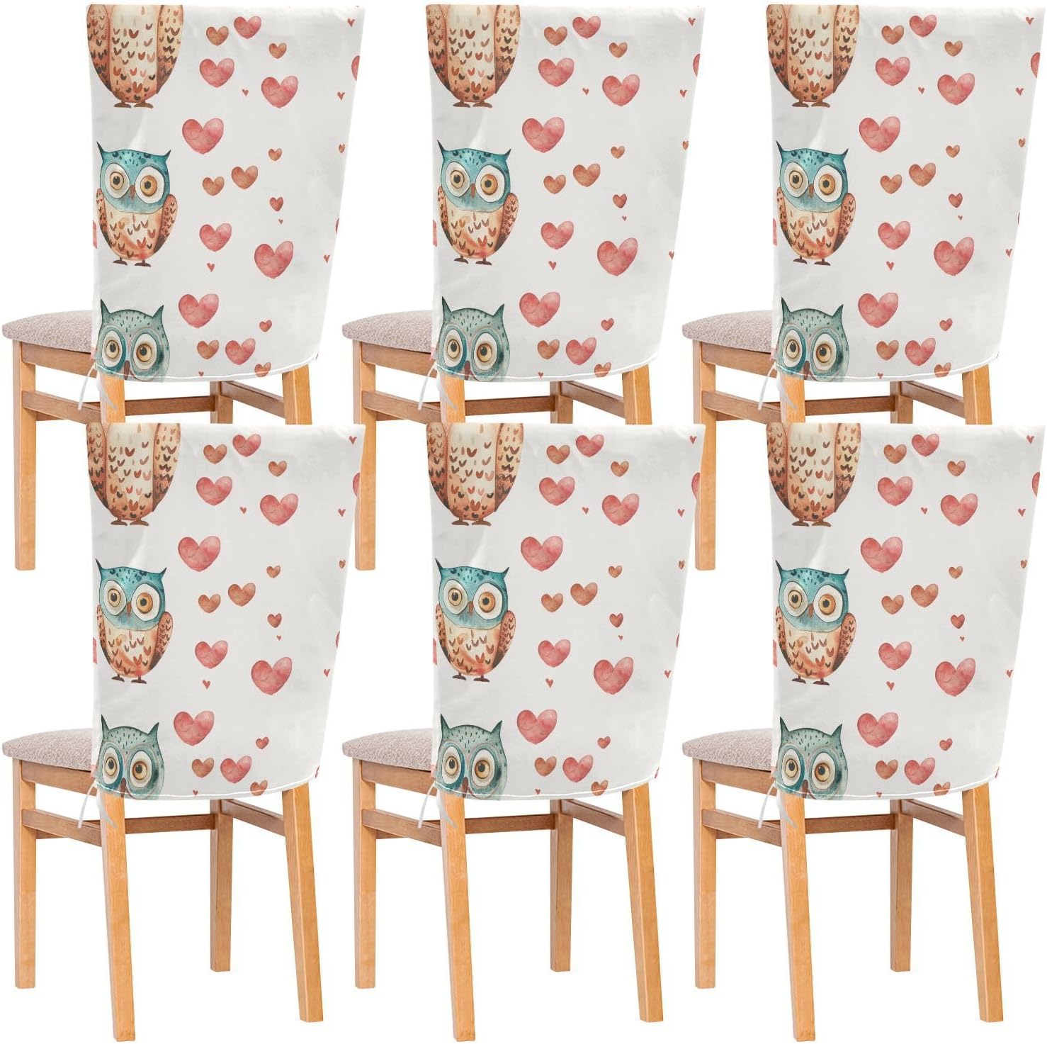 ALAZA Owl Cute Hearts Chair Back Cover Set of 6, Washable Reusable Removable Chair Slipcovers Decorative Chair Cover for Home Kitchen Wedding Party