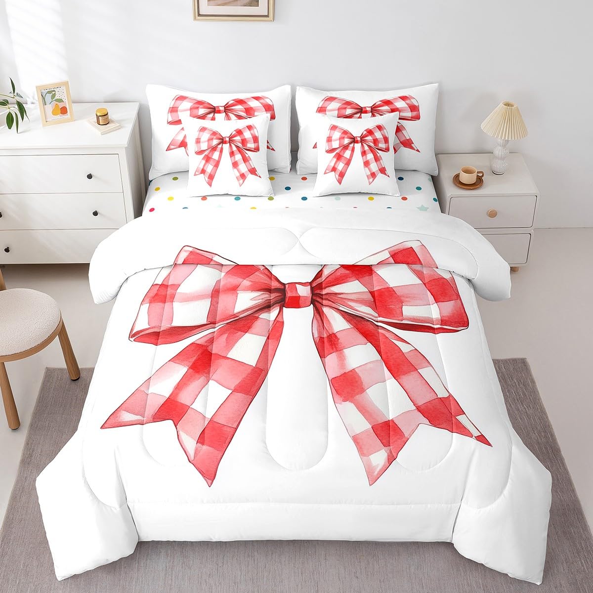 Erosebridal Red White Bow Bed in A Bag Geometric Plaid Bowknot Bedding Set Watercolor Ribbon Bow Queen Comforter Set 7 Piece Dreamy Aesthetic Bowknot Sheet Set with Comforter for Kids Boys Girls