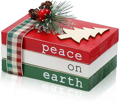 عيد الميلاد الخشب كتاب المكدس ، ديكور صينية عيد الميلاد ، السلام على الأرض Mini Faux كتب زخرفية مع الصنوبر بيري ، ديكور كتاب المزرعة لسطح المنزل