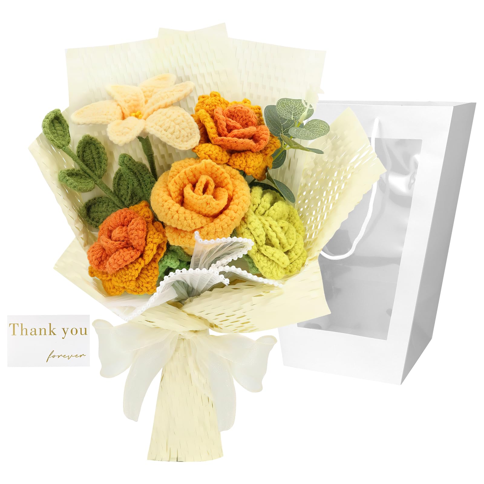 Crochet Flower Bouquet, Handmade Knitted Yellow Roses and Lilies, Artificial Yarn Flowers with Wrap for Birthday, Graduation, Friendship Gift, Get Well Soon, Home Table Decor image 5