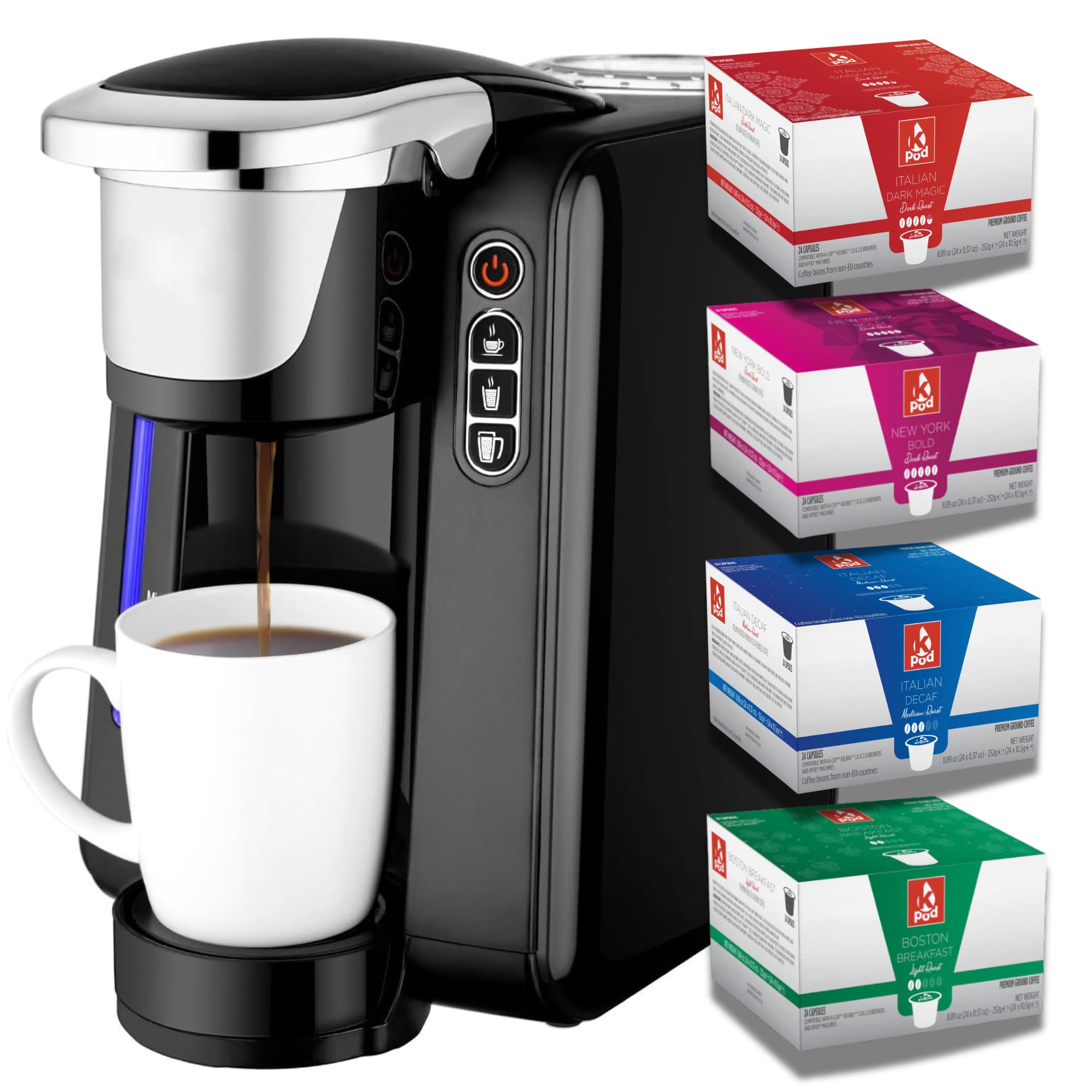 KPod K-Cup Compatible Coffee Machine, K-Cup Compatible, Push Button Controls, Energy Saving Mode, Long Coffee Maker, Black, UK Plug (96 Pod Bundle)
