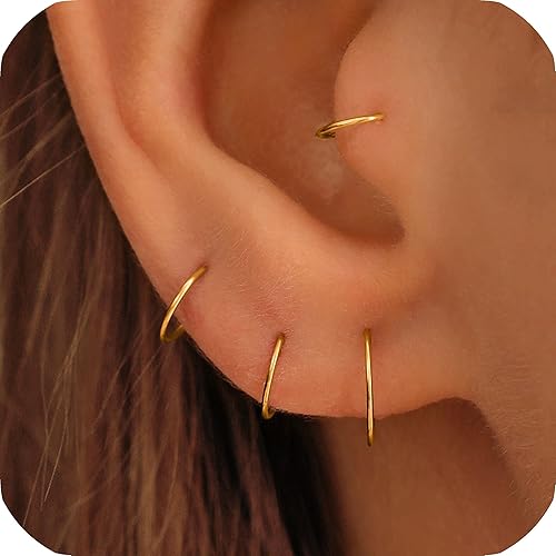 Miniatura 10 de Small Thin Hoop Earrings for Women,Tiny Huggie Hoop Rings for Cartilage,Helix,Targus,Conch,Nose,22g/24g/20g,14K Gold Filled/Sterling Silver/Rose