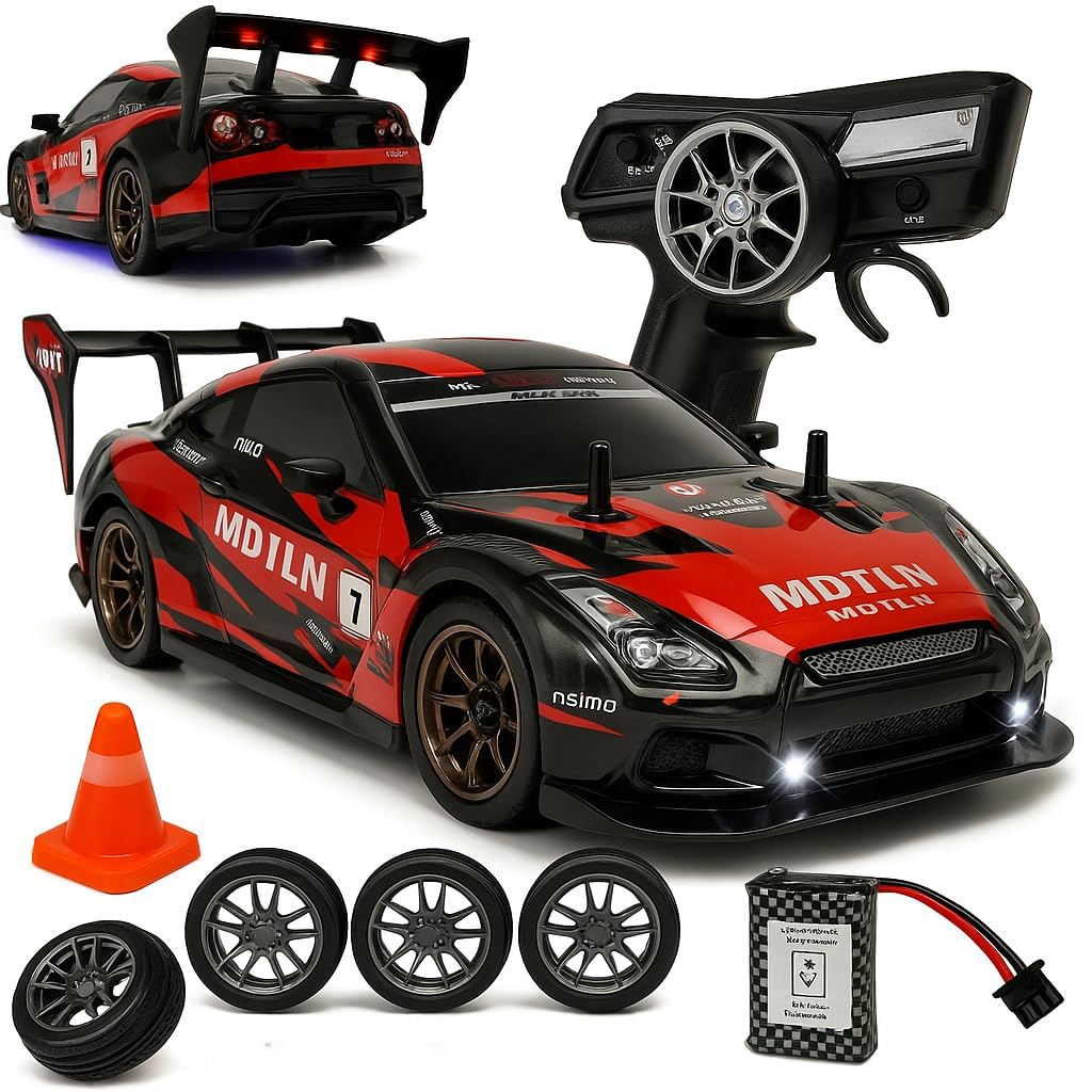 RC Drift Car for Adults | High Speed 4X4 Remote Control car with Speed Adjustment, LED Lights, Extra Tyres & Cone – Rechargeable Drift Car