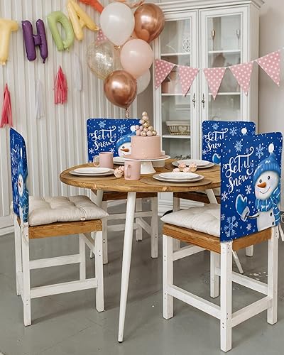 Miniatura 3 de Juego de 4 fundas para sillas de Navidad con diseño de muñeco de nieve azul para comedor, diseño de copo de nieve de invierno, fundas extraíbles