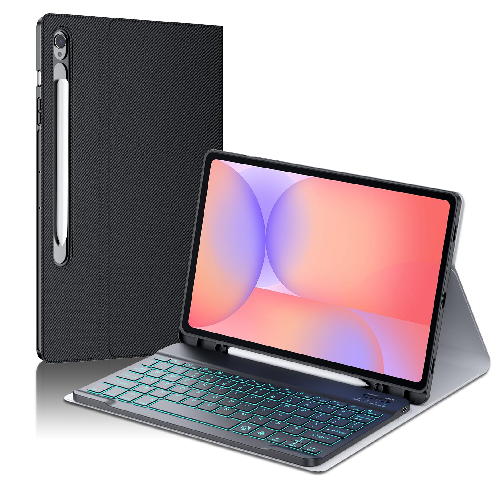 JUQITECH Backlit Keyboard Case for Samsung Galaxy Tab S10/S9 FE/S9 10.9-11" | Detachable 7-Color Backlit Keyboard, Soft TPU Protective Case Cover, S Pen Holder, 420mAh USB-C, For Study, Travel, Office