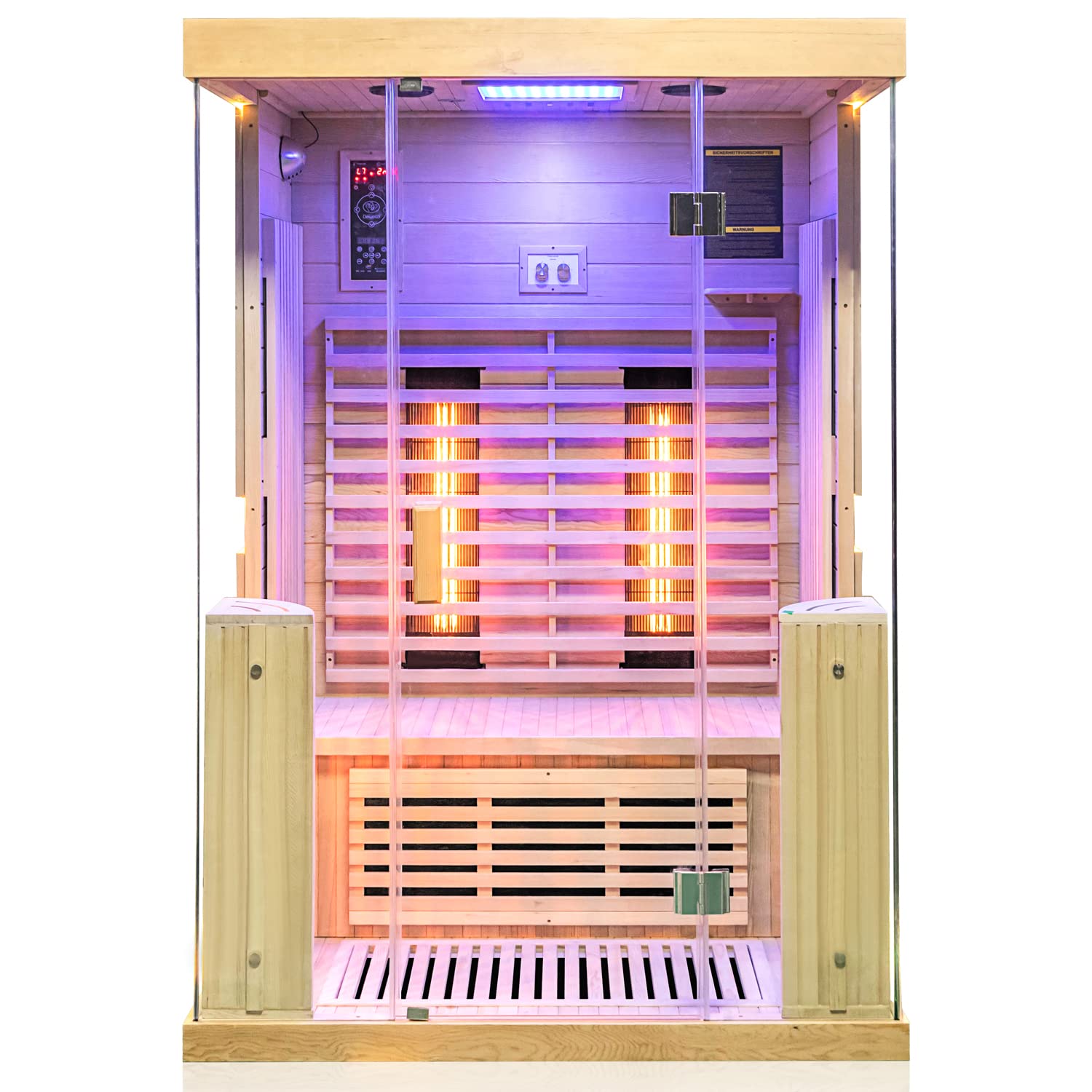 Dewello® Infrarotkabine Infrarotsauna Kingston 130cm x 105cm für 1-2 Personen aus Hemlock Holz mit verstellbaren Vollspektrumstrahlern, LED-Farblicht, Bluetooth, FM,MP3,USB