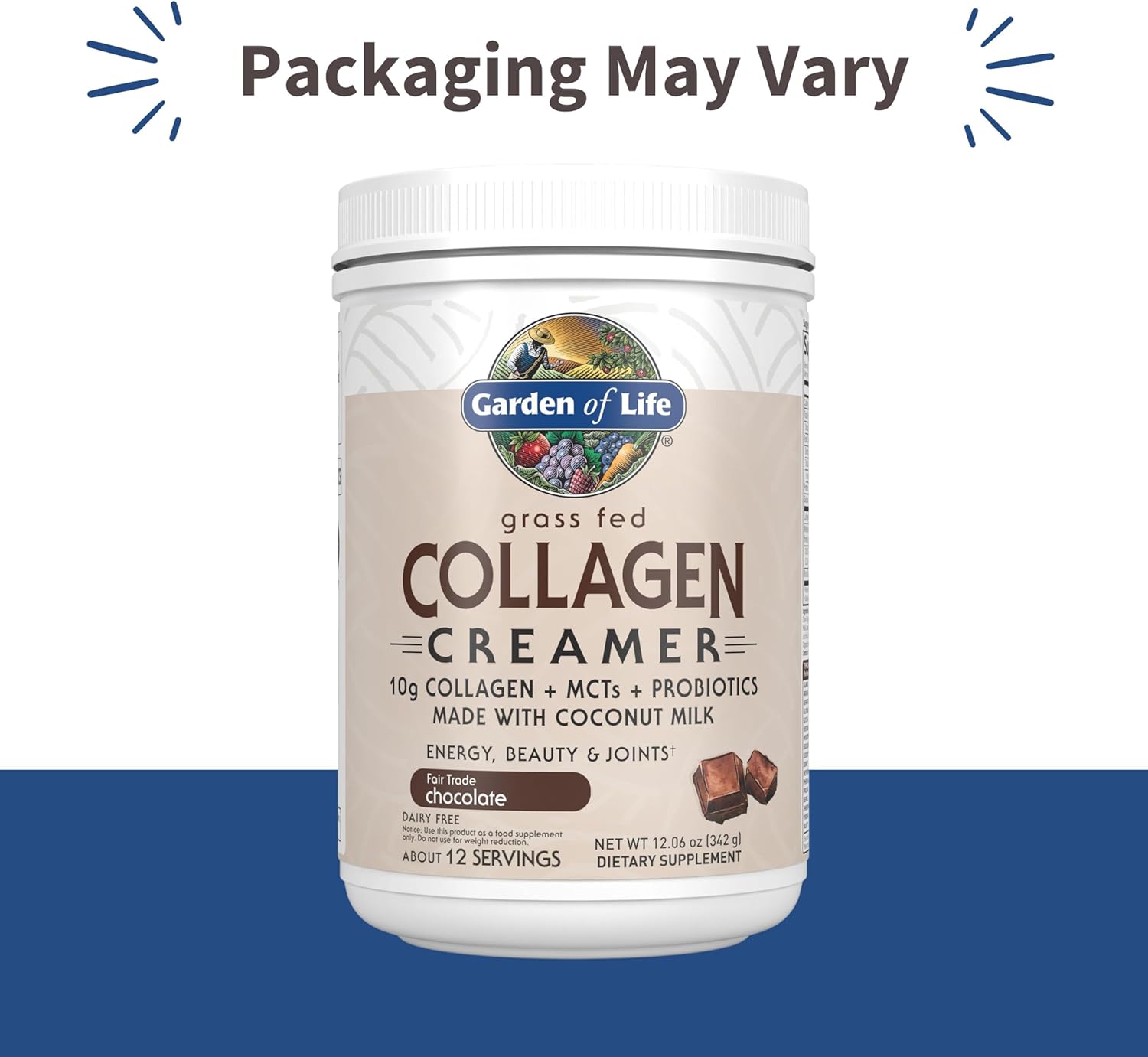 Garden of Life Grass Fed Collagen Creamer Powder - Chocolate, 12 Servings, Powder for Coffee Energy Beauty Joints, Collagen Peptides with Coconut MCTs, Keto Protein Supplements