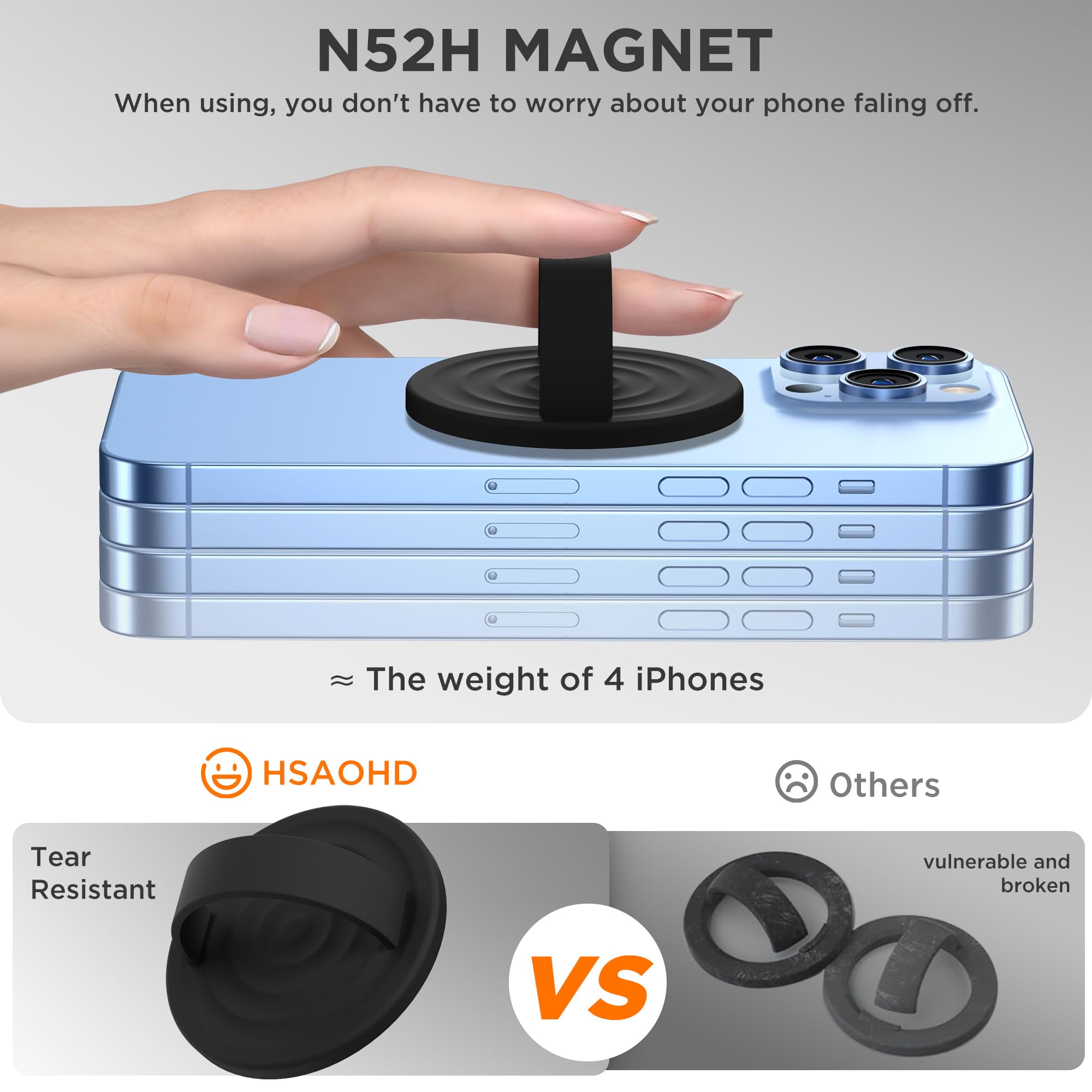 Agarre magnético mejorado para teléfono, silicona líquida suave y portátil, soporte extraíble para iPhone, fuerte atracción magnética, compatible con funda MagSafe, color negro
