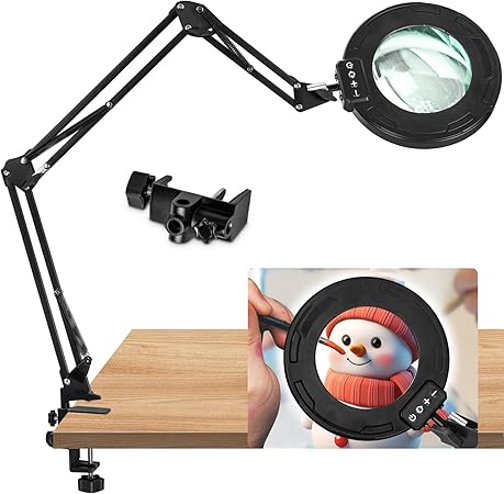 HITTI HITTI Ultra Long 12X Magnifying Glass with Light and Clamp, 5 Color Modes Steepless Dimming Desk Lamp, Swivel Arm Workbench Light, Hands Free Lighted Magnifier Stand for Craft Reading Soldering