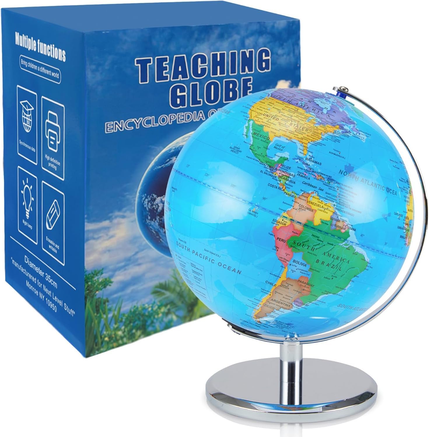 LED Illuminated World Globe with Chrome Rotating Stand – 3-in-1 Educational Tool, Interactive Learning Glowing Globe, Lighted Display, 14 Inch