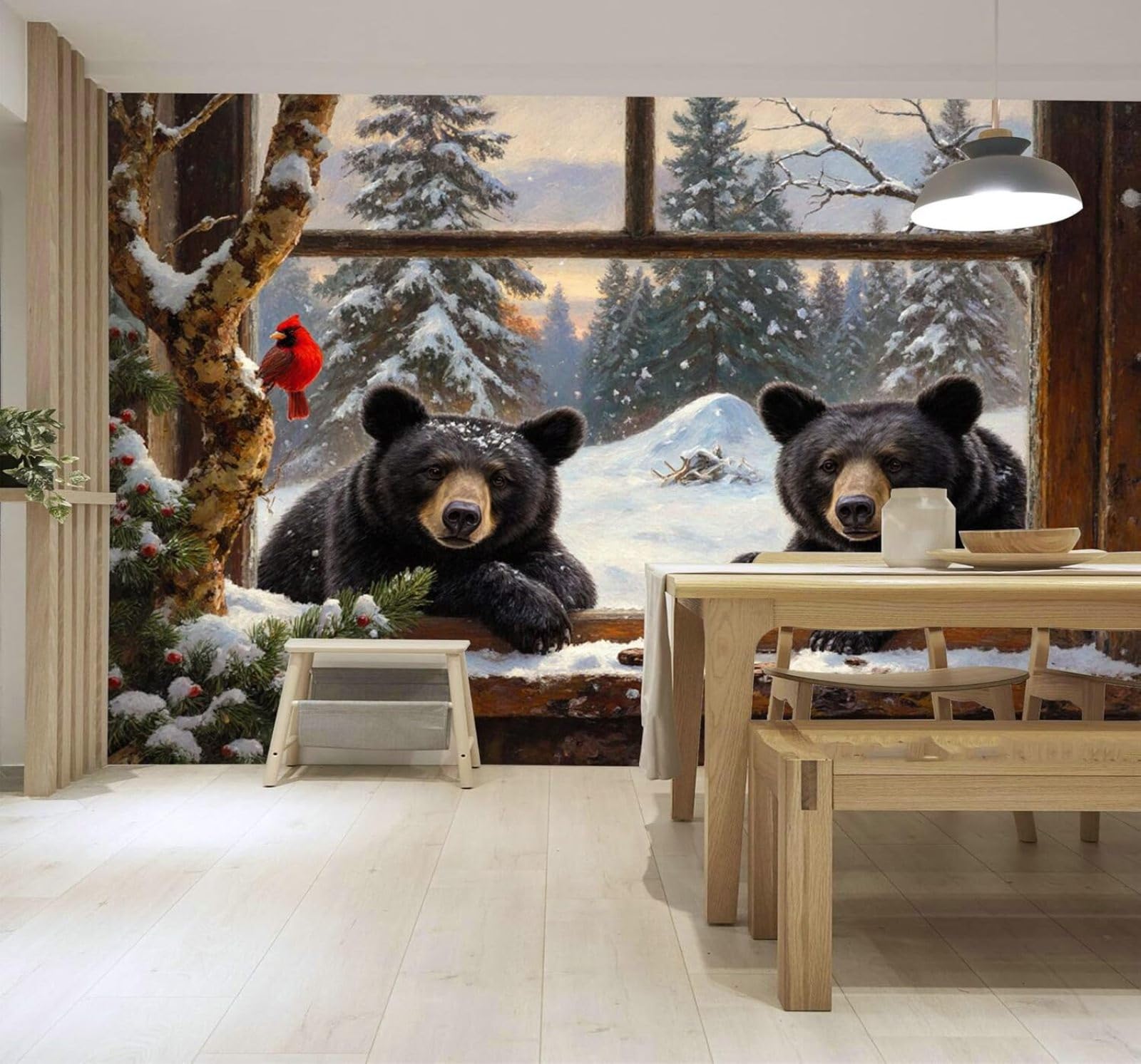 XLMING Winter Forest Window Black Bear Snowy Landscape 3D Wallpaper Premium Textured Silk Study Dining Living Room Bedroom Sofa TV Wall Easy Install-250cm×170cm