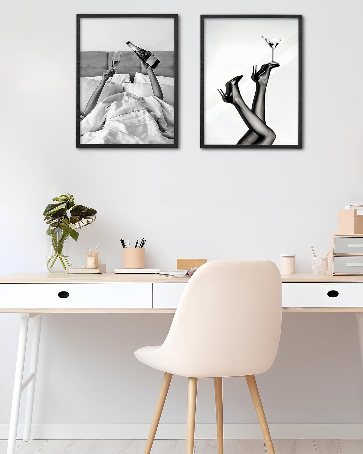 EcoHest 12x16in Black Solid Oak Wood Framed Wall Art, Woman Drinking Wine in Bed Print, Black and White Feminist Canvas, Vintage Alcohol Bar Cart Retro Wall Decor, Bedroom Wall Art 1 Pack