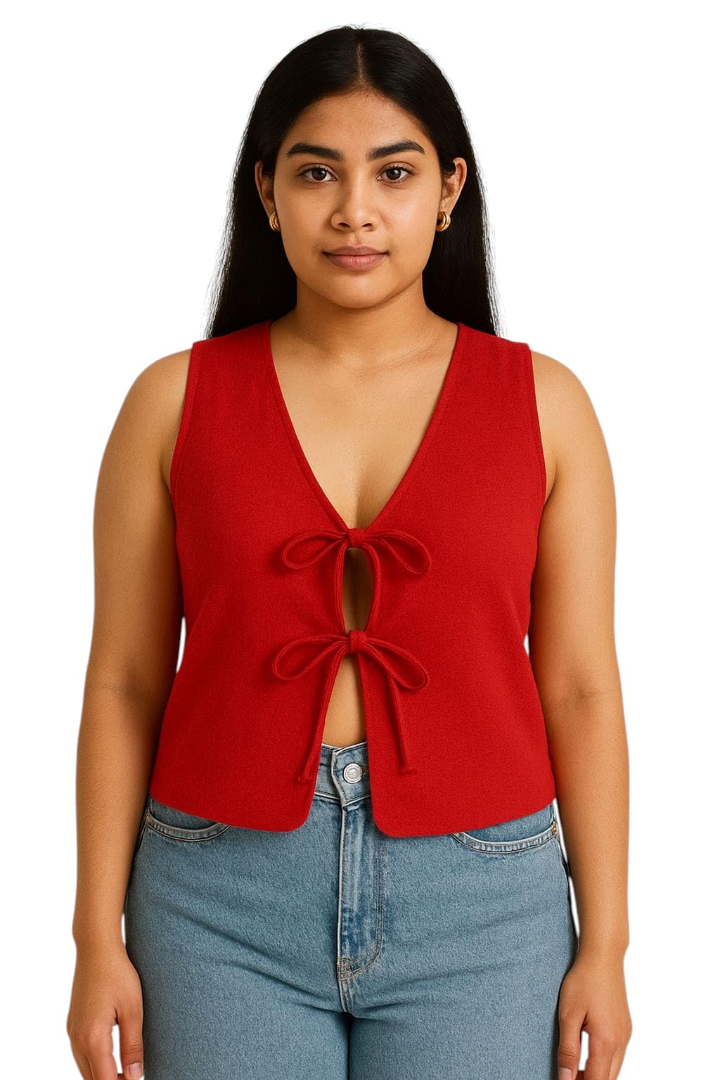 Vizion by Ankita Women's Sleeveless V-Neck Vest Top with Double Bow Tie Front, Red-picture-48