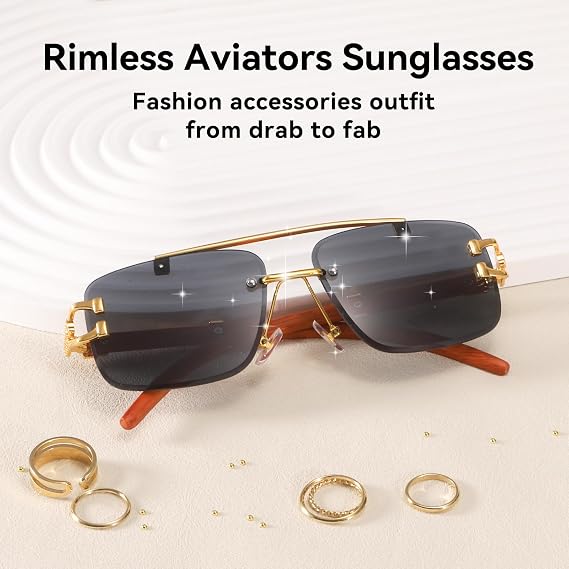 Dollger Rimless Rectangle Sunglasses for Women Men Fashion Hip hop Frameless Designer Shades Wooden Y2K Square Glasses