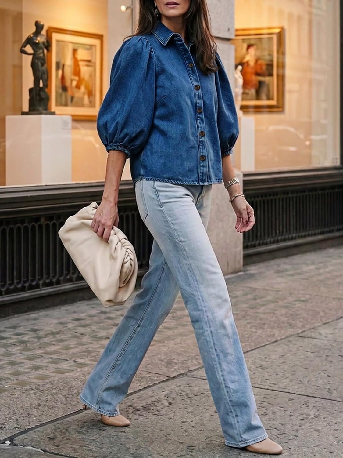 Flowyair Womens Denim Shirt Puff Short Sleeve Button Down Jean Jackets | Trendy Casual, Loose Fit, Collar Lapel, Cropped Shackets, Vintage Tops