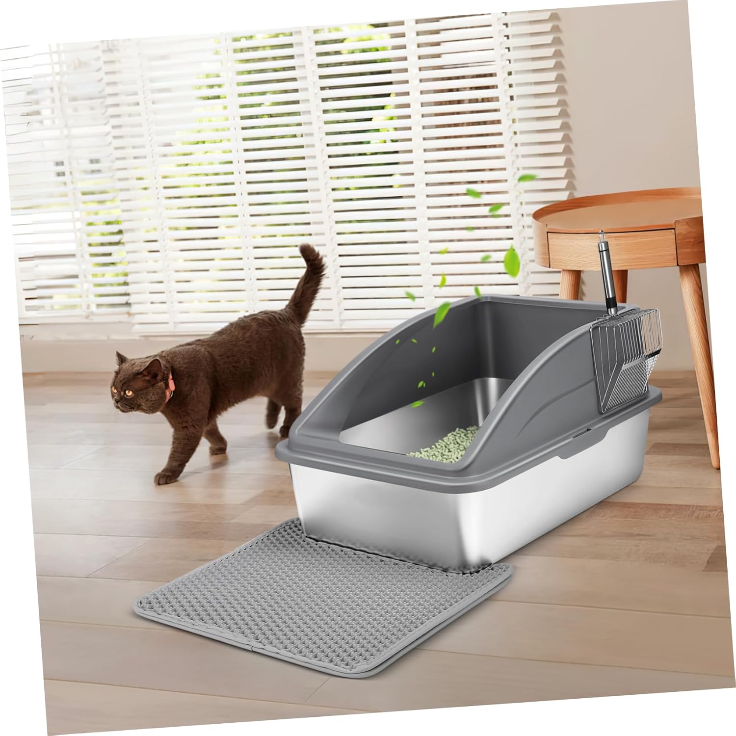 1set Stainless Steel Cat Litter Box High Sides Design for Less and Spacious Indoor Toilet for Kittens and Cats Includes Scoop and Mat
