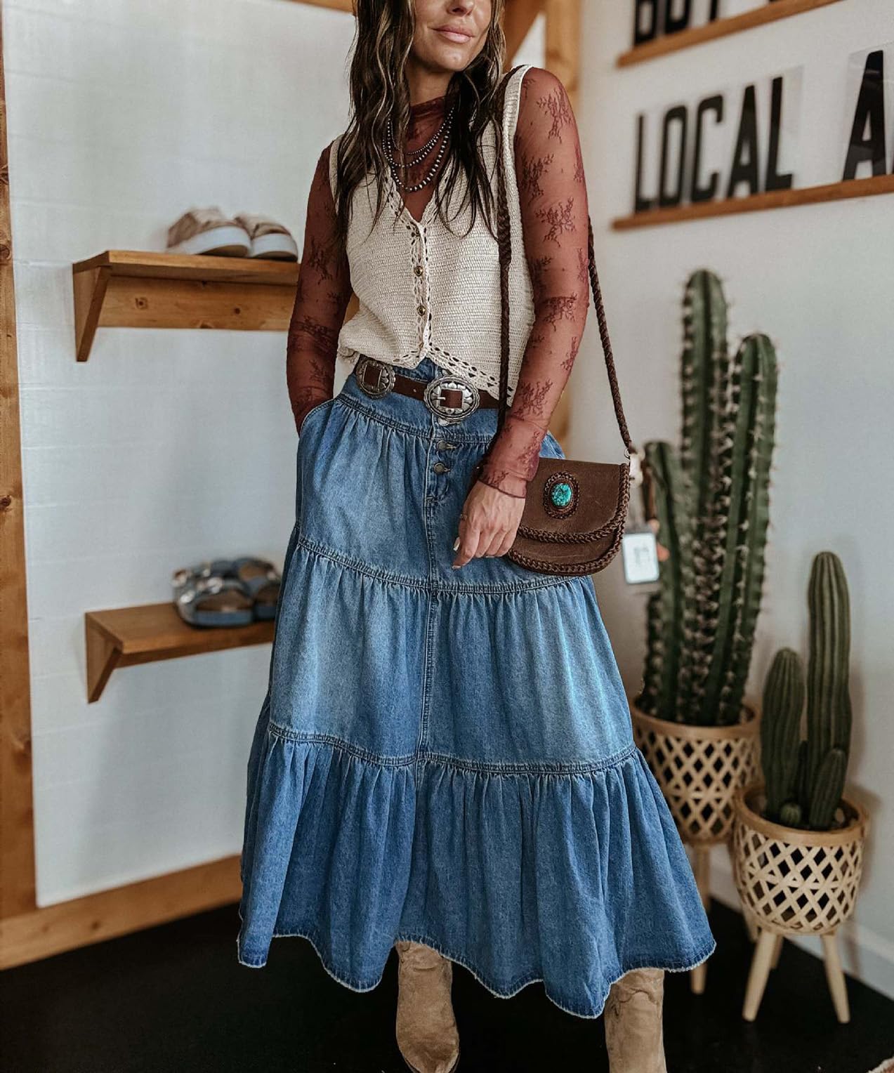 cffvdiz Boho Frauen Lange Jeansrock Vorder-Knopf Hohe Taille Geschichtete Patchwork Kuchen A-Linie Maxi Jean Röcke