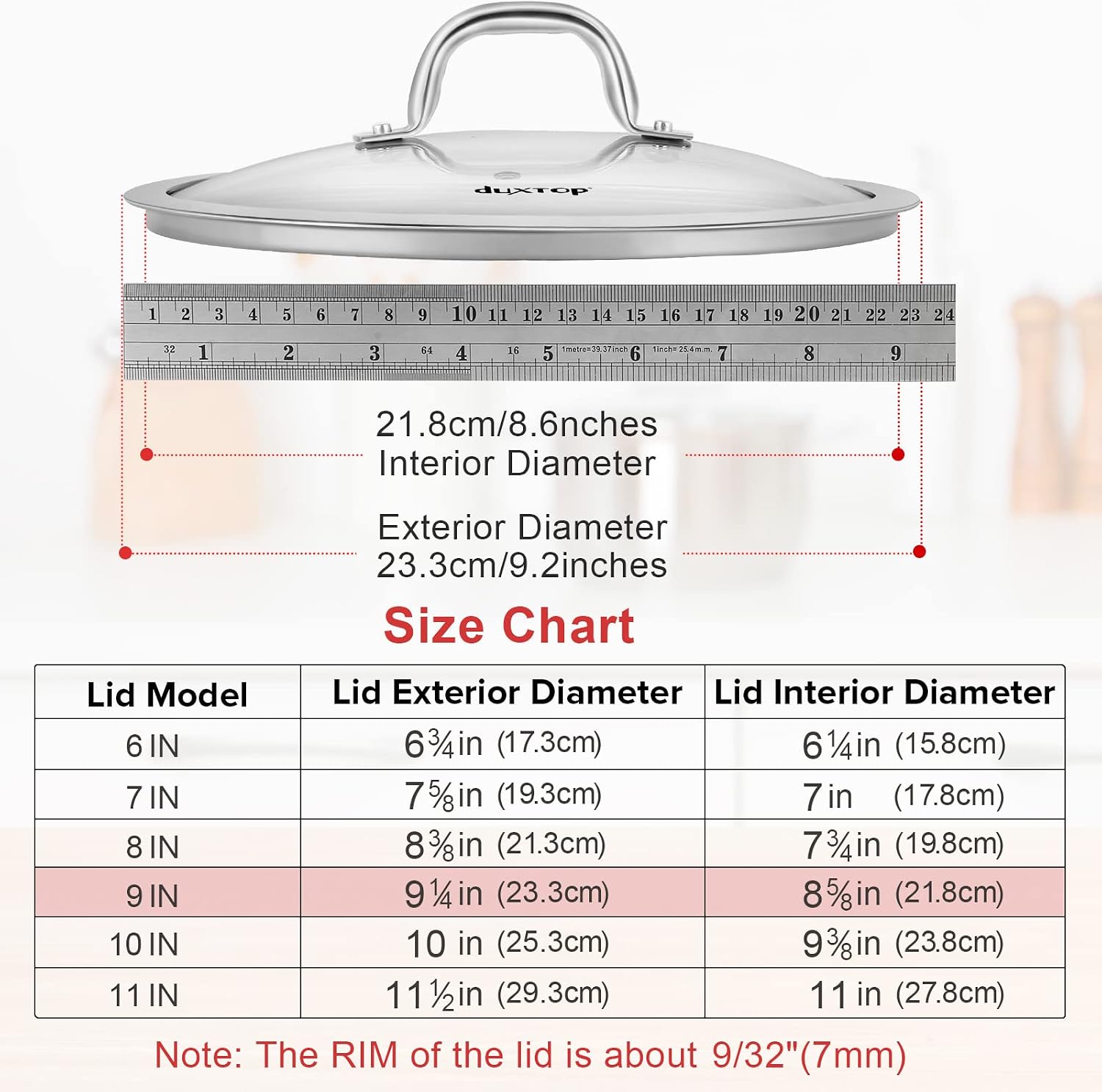 Duxtop Cookware Glass Replacement Lid (Interior Diameter: 8-5/8inch, Exterior Diameter: 9-1/4inch)