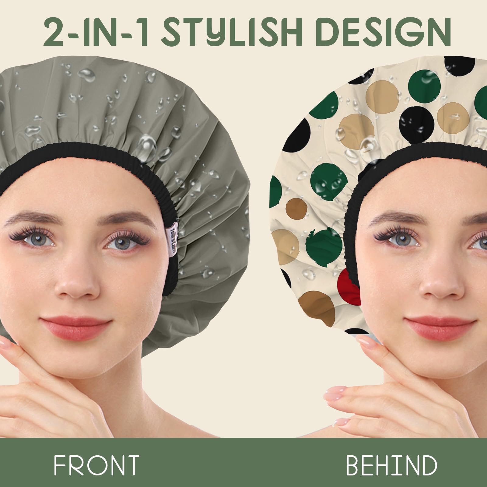 Years calm Bonnet de douche de luxe pour femme réutilisable et imperméable – Bonnet de bain double couche à pois avec élastique réglable pour tresses et cheveux longs, confortable et élégant