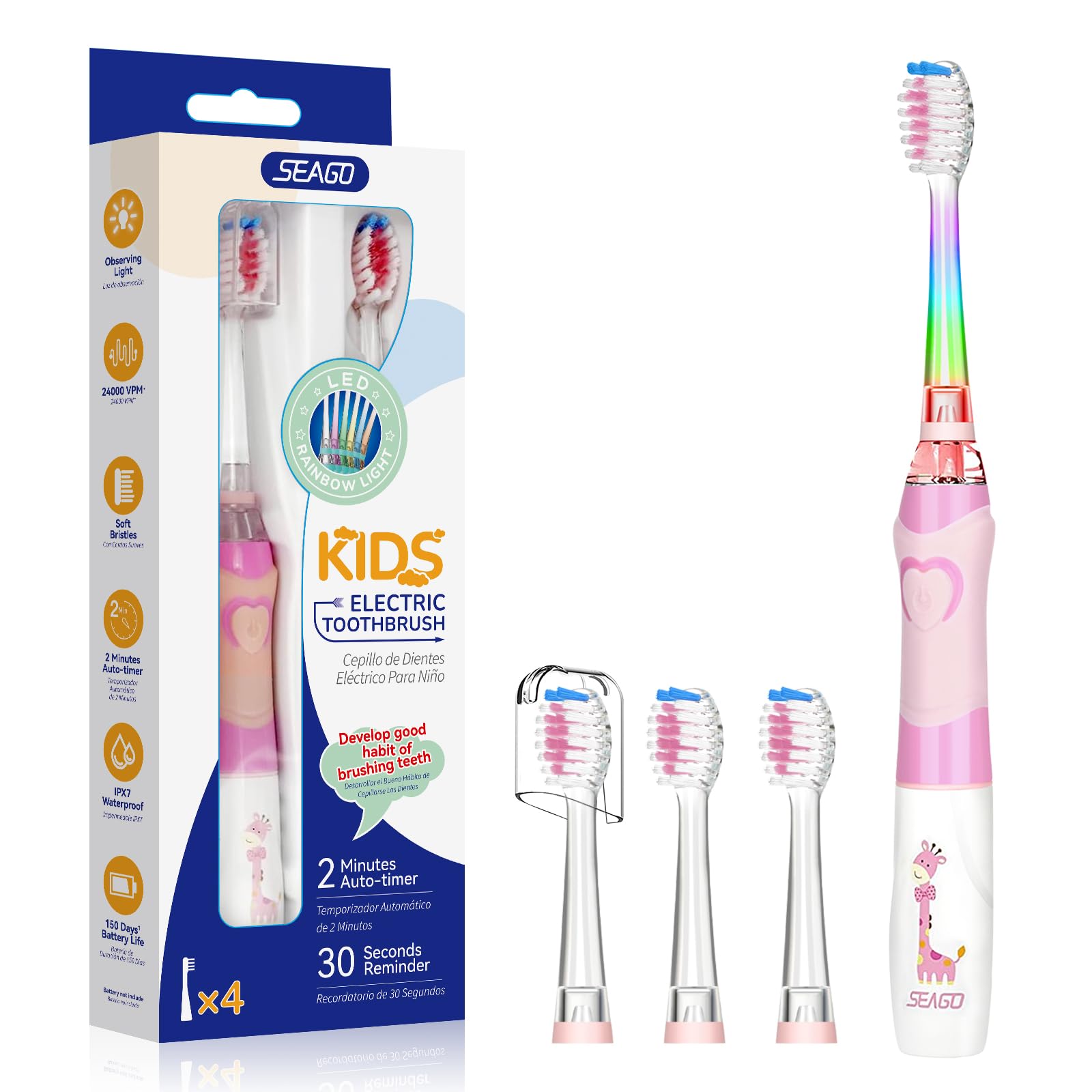 Seago Cepillo de Dientes Infantil Eléctrico Para Niños 3–12 Años Kids Con Luz de Colores,Temporizador Inteligente de 2 minutos,4 Cabezales Suaves SG-EK6/SG-977 (Rosa)