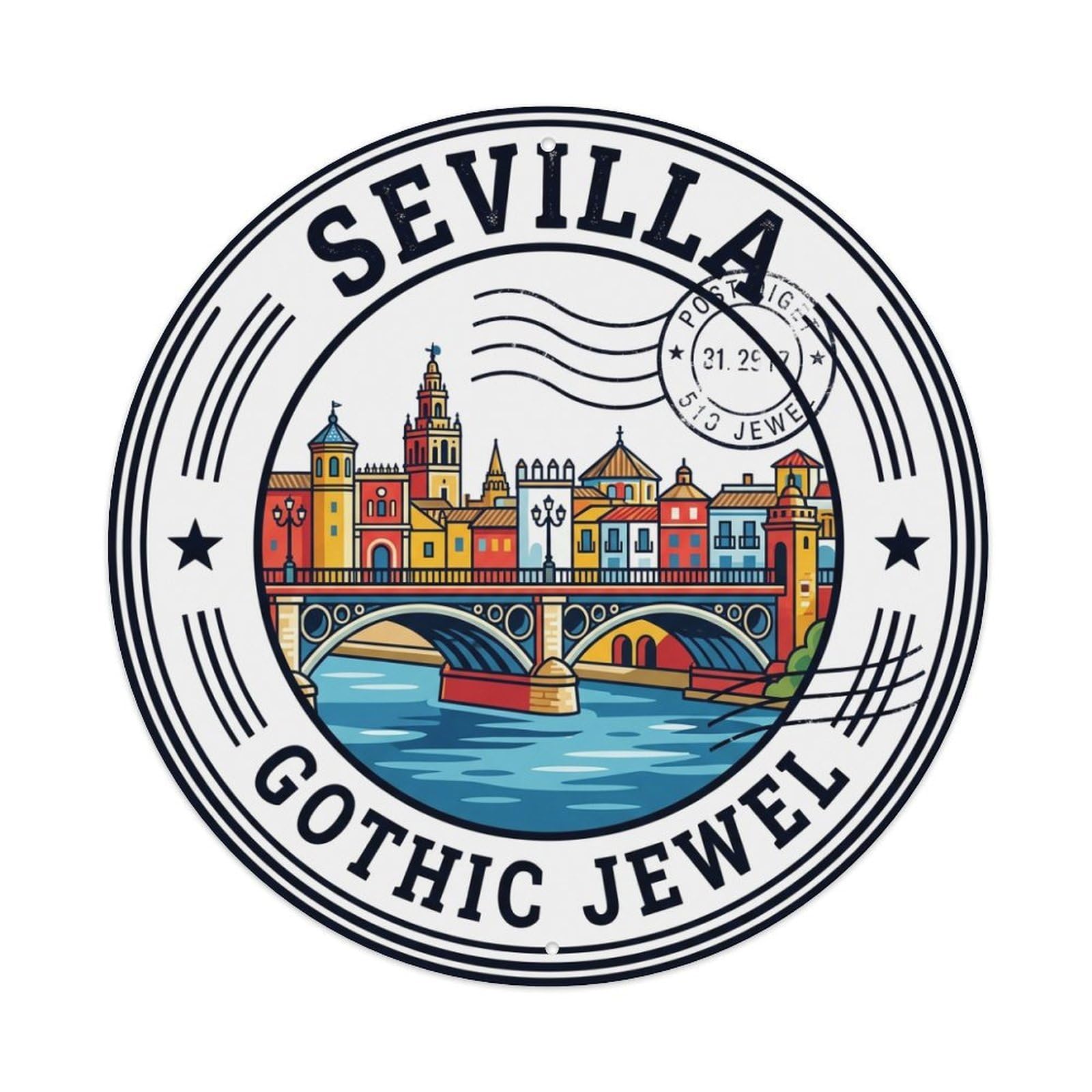 Vintage Travel Seville Spain Vista Vintage Metal Tin Sign Plaque Wall Decor for Cafe, Club Bar, Office, Garden Metal Poster 8x8Inch