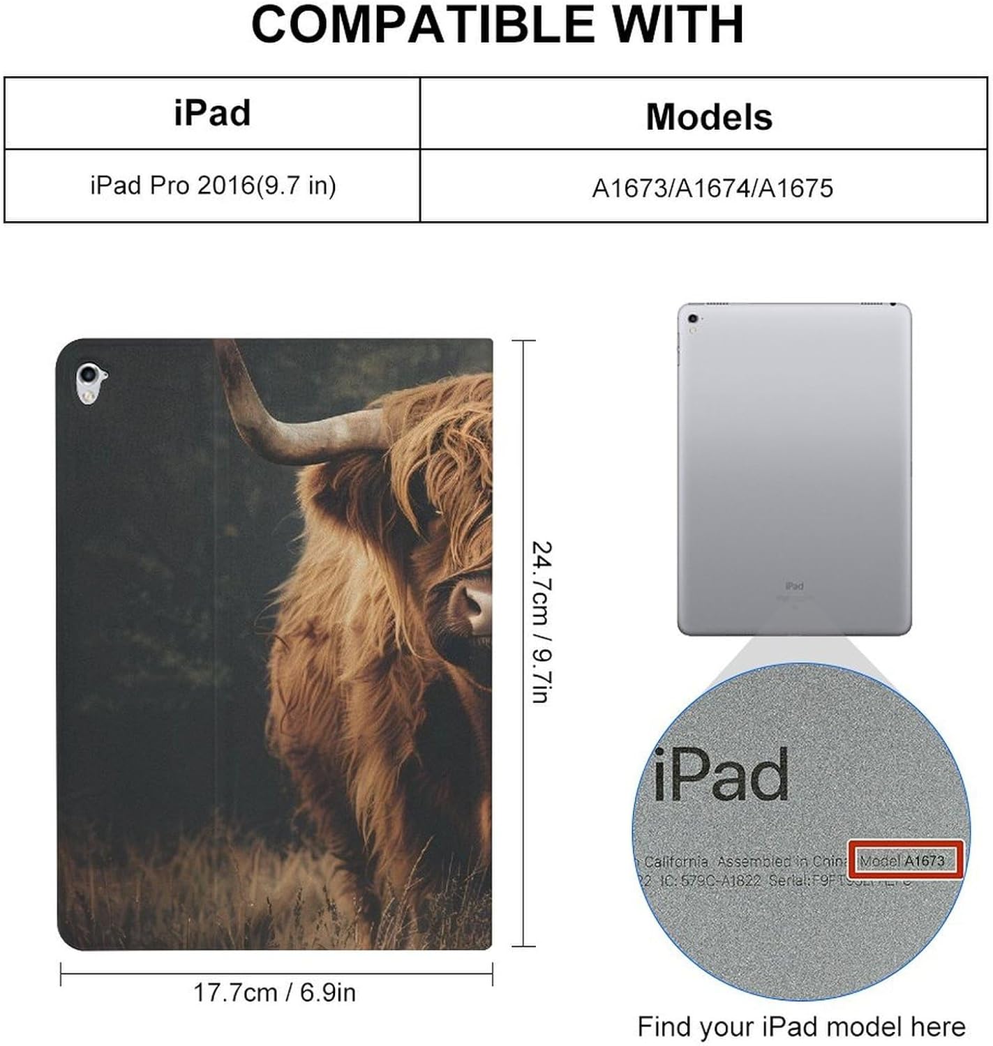 Highland Cow Printed Case Trifold Stand Protective Cover Compatible with ipad Pro/2016 ipad Pro (9.7in)