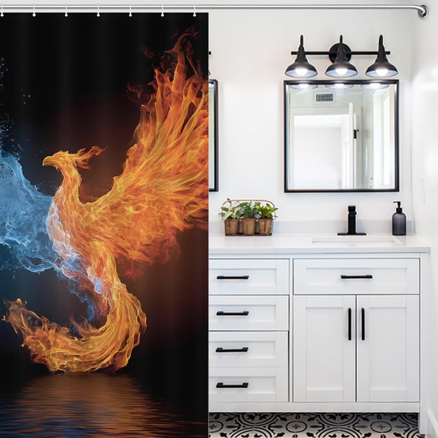 Water Ice and Fire Rising Phoenixsbird Shower Curtain 46.85x70.87Inch（119x180cm） Polyester Bath Curtain Shower Curtains Printed Decorative