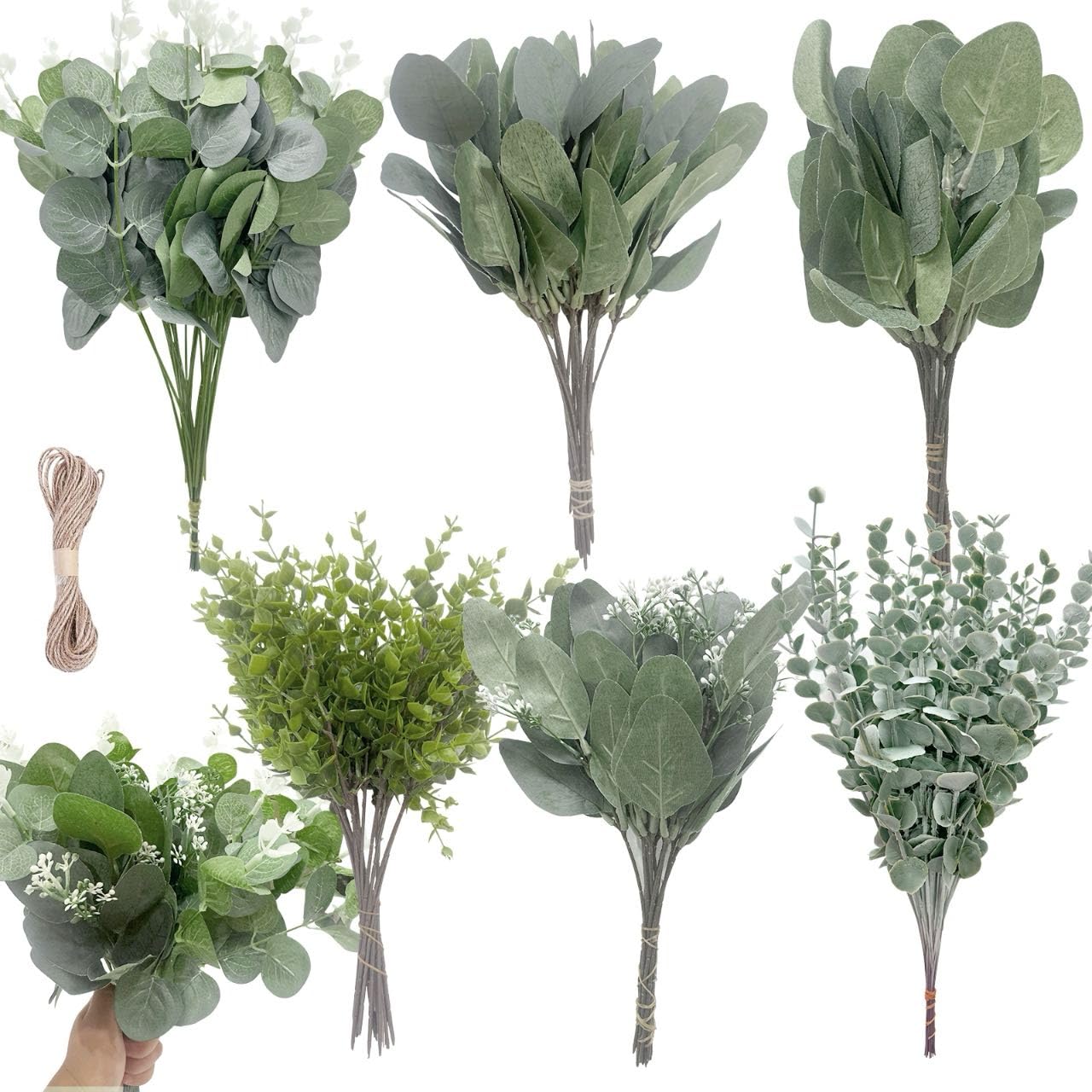 CLOTHUP Eucalyptus Leaves Stems 90 PCS, 6 Kinds Mixed Greenery Bulk, Faux Silver Dollar Eucalyptus Stems, for DIY Bouquets Floral Arrangement Wedding