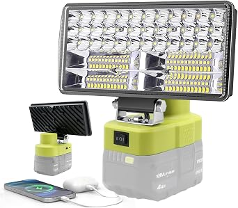 Compatible with Ryobi 18V Battery Cordless Work Light,38W 6000LM Flashlight,2 Brightness LED Flood Lights with USB & Type C Charging Port and Low Voltage Protection for Indoor Outdoor