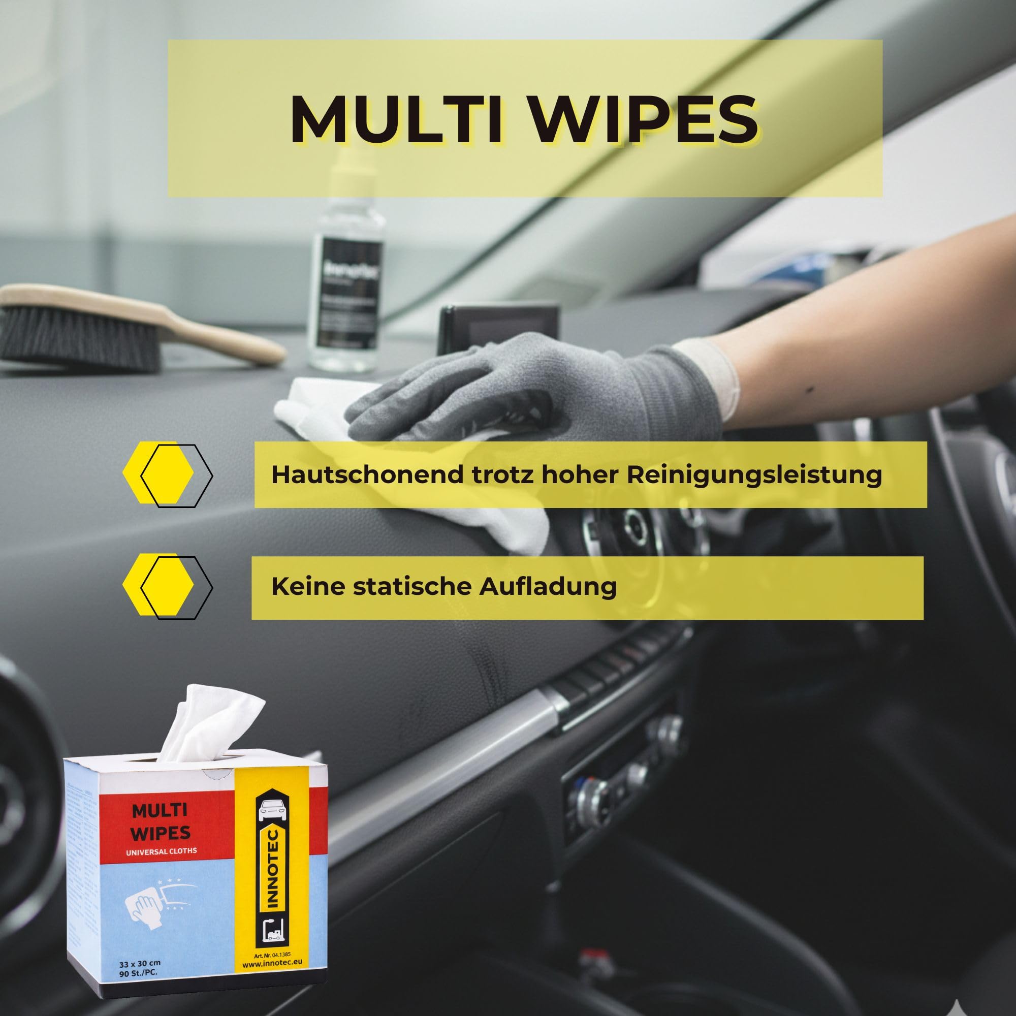 4 Stück INNOTEC Multi Wipes 90 Stück Karton – Profi Universal-Reinigungstücher fusselfrei & reißfest – Kfz Werkstatt Putztücher ideal für Politur, Glas & Entfettung – Saugstark & Chemikalienbeständig