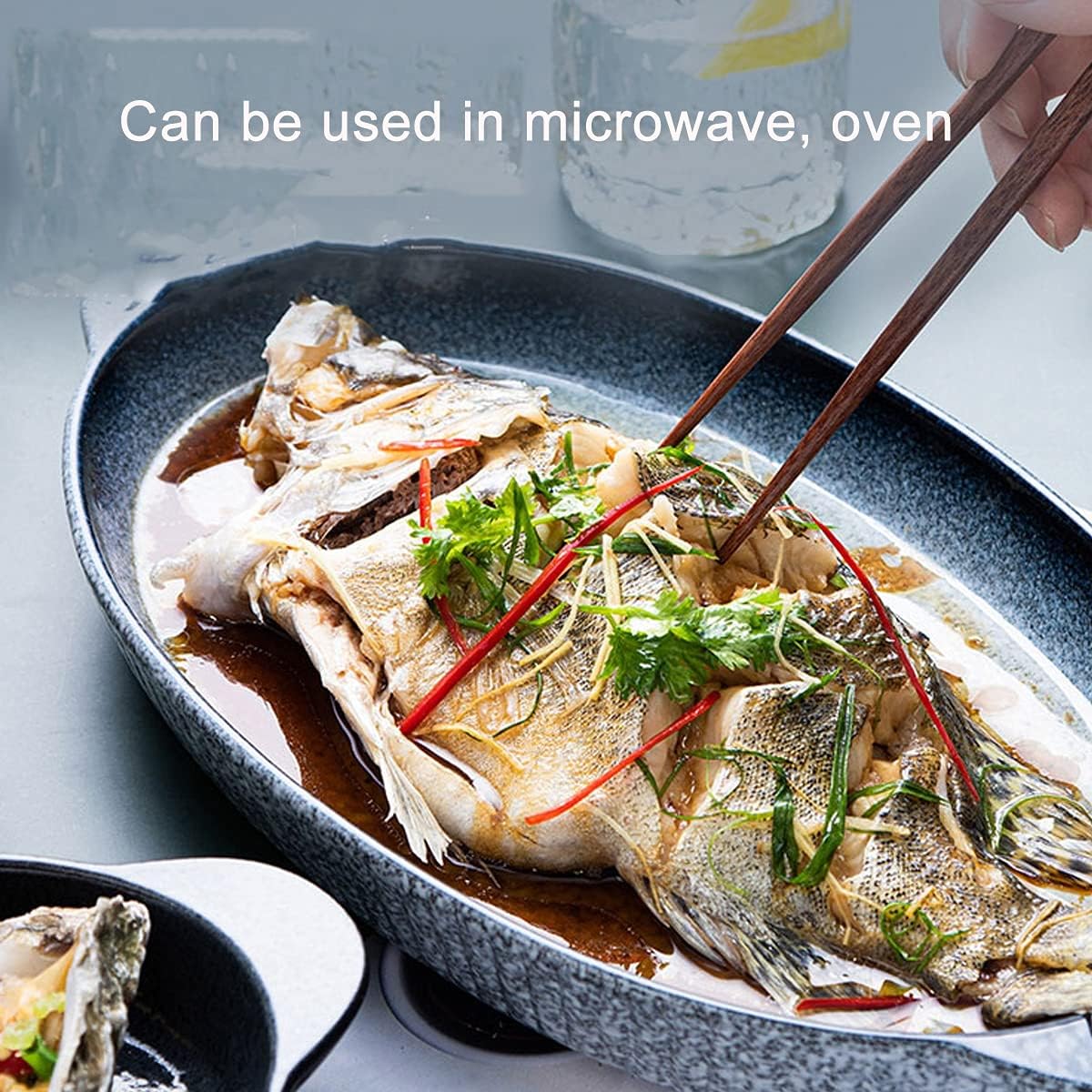 Creative Double Ear Fish Plate Household Large Oval Retro Steamed Fish Dish Ceramic Plate, 2 Pieces/Blue/12Inch，Blue 12Inch