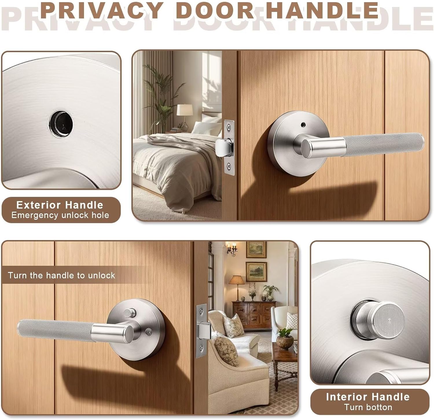 Brushed Nickel Door Handles Interior with Lock, 4 Pack Satin Nickel Keyless Privacy Door Lever, Sliver Knurled Reversible Handle for Bed and Bath