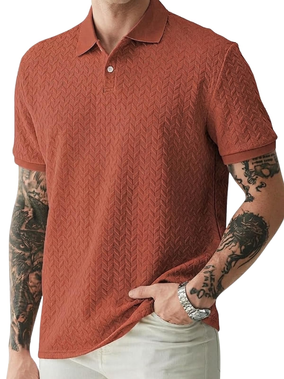GRECIILOOKS Textured Polo T-Shirt for Men Rust - Image 1