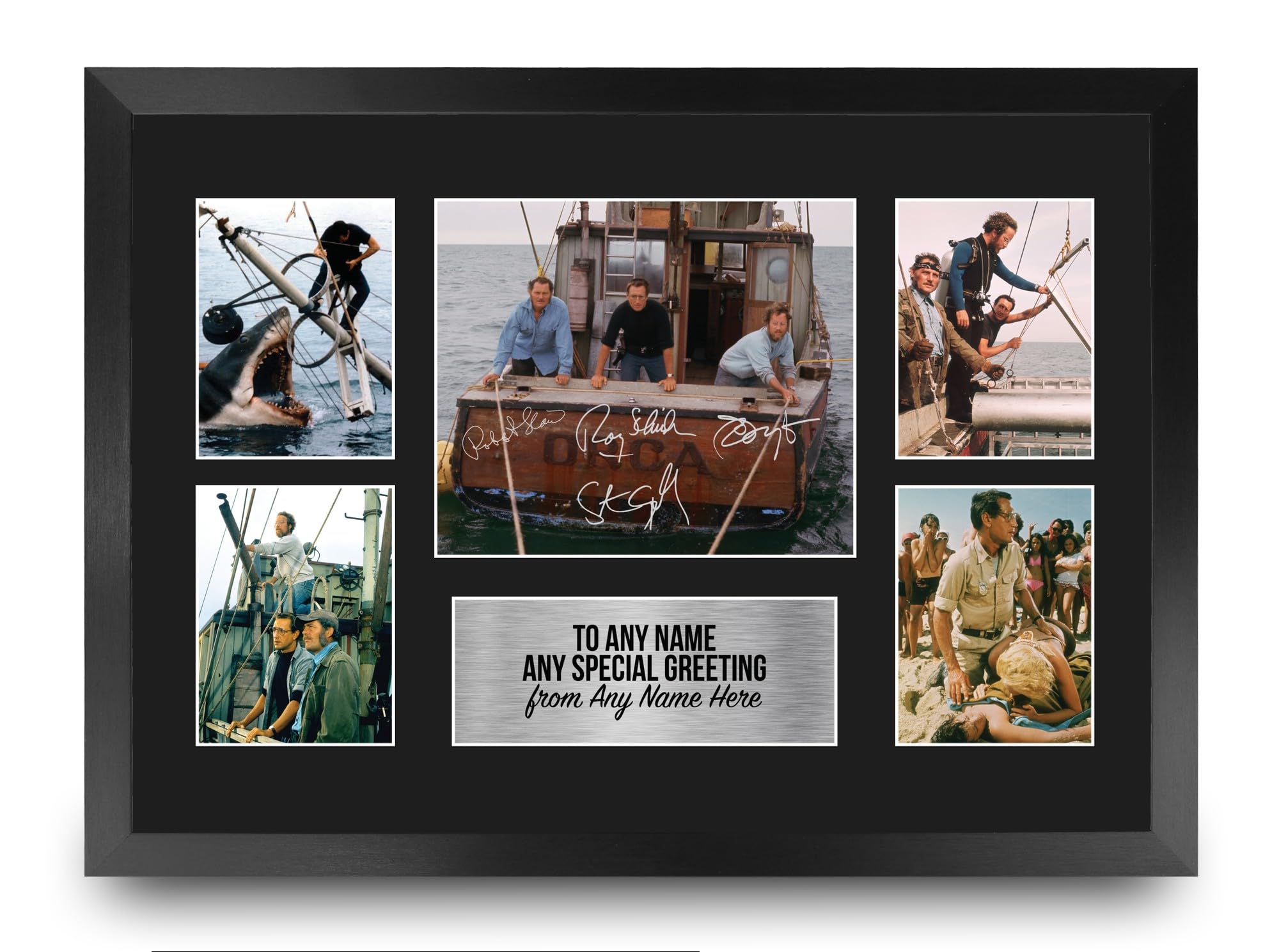 HWC Trading Jaws Personalised Gift - Signed Autograph Picture, Framed A3 Film Photo Display with Custom Name Message for Birthday Christmas Wedding