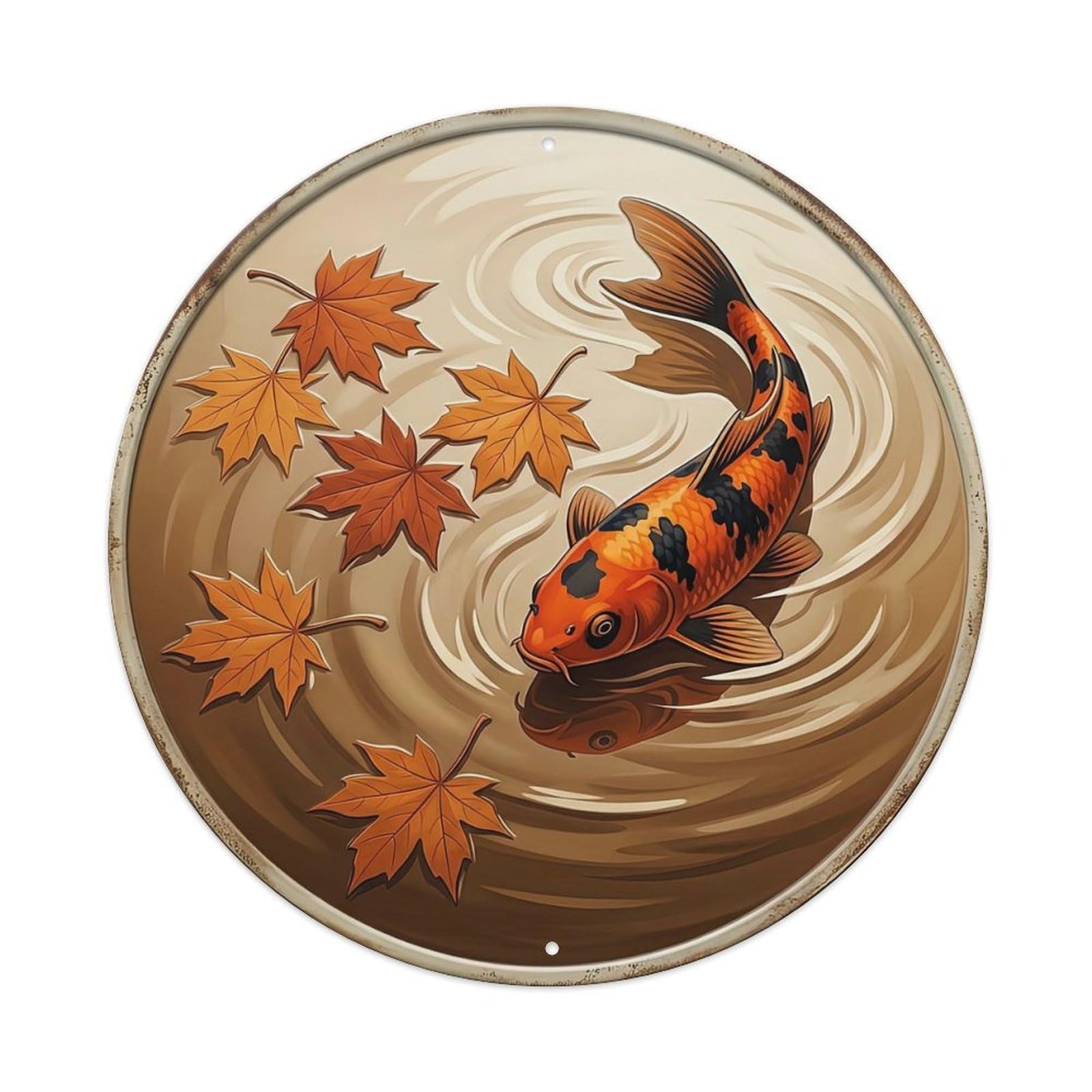 Autumn Maple Reflection Pool Koi Fish Metal Tin Sign Plaque Wall Decor for Cafe, Club, Garden Round Metal Poster 8x8Inch