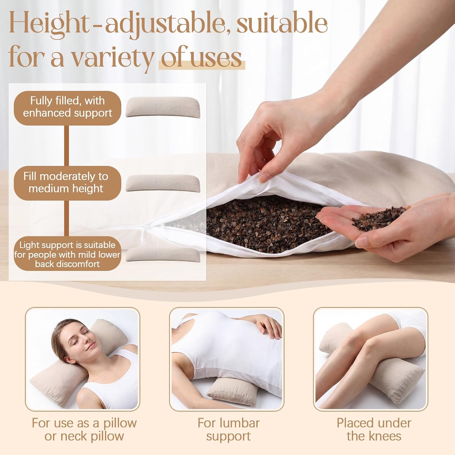 Weysat Buckwheat Lumbar Support Pillow for Bed Sleeping, Ergonomic Curved Neck Waist Pillow for Lower Back Pain Relief, Natural Sweet Buckwheat Hull Filling, Dual Cotton Zippered, 20.1” x 8.7” x 2”