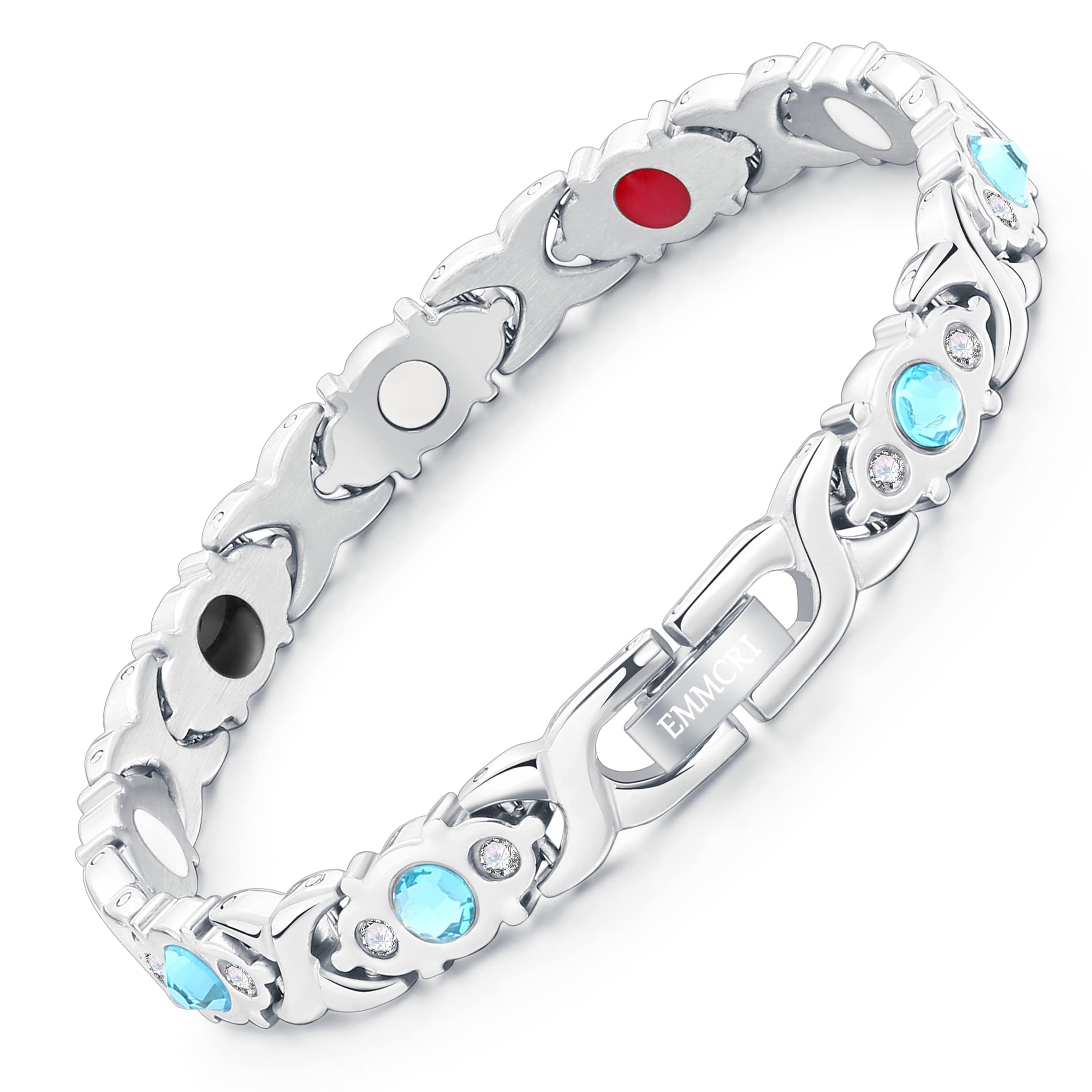 Ultra Strength Magnetic Bracelet for Woman - 3,500 Gauss Per Magnet -Crystal Bracelet - Adjustable Length -Pulseras Magneticas (Silver Blue)