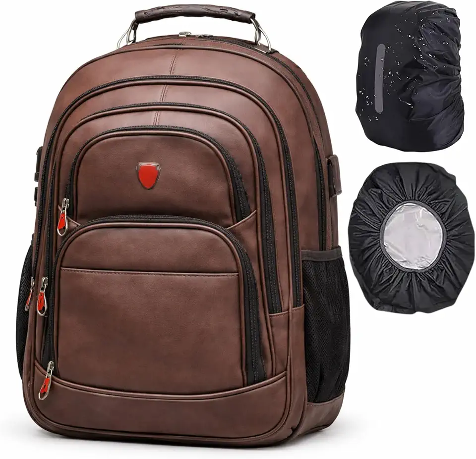 Mochila Antifurto 45 Litros para Notebook Couro Sintético com Cadeado e Cabo de Aço I Porta USB I Multi Compartimentos + Capa Impermeável I Executiva Trabalho Viagem