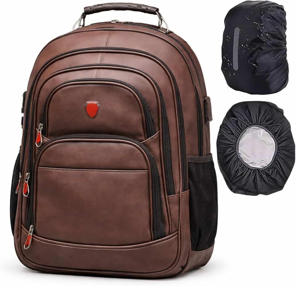 Mochila Antifurto 45 Litros para Notebook Couro Sintético com Cadeado e Cabo de Aço I Porta USB I Multi Compartimentos + Capa Impermeável I Executiva Trabalho Viagem