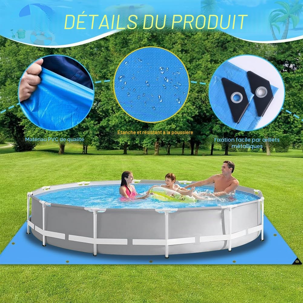 Roadtime Bâche de sol de piscine, 120 g/m², épaisse, carrée, avec 4 crochets et corde en nylon de 20 m, avec trous, bâche imperméable et indéchirable (4 x 4 m, bleu)