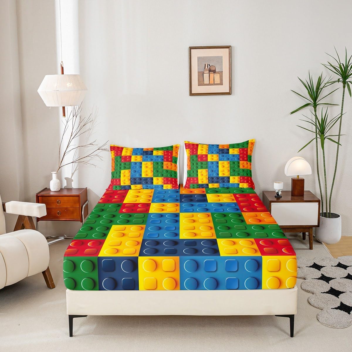 Feelyou Gaming Fitted Sheet Twin Size Kids Building Blocks Bedding Set for Boys Teens Toddler Toy Brick Bed Sheet Set Breathable Colorful Bed Cover Room Decor