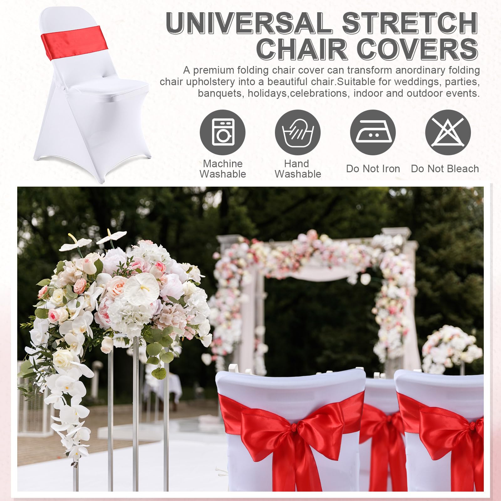 Lounsweer 50 Pcs Stretch Spandex Folding Chair Cover and Satin Chair Sashes Bows Chair Slipcovers Chair Ribbon Bows Washable Chair Cover Protector for Wedding Banquet Party (White, Red)