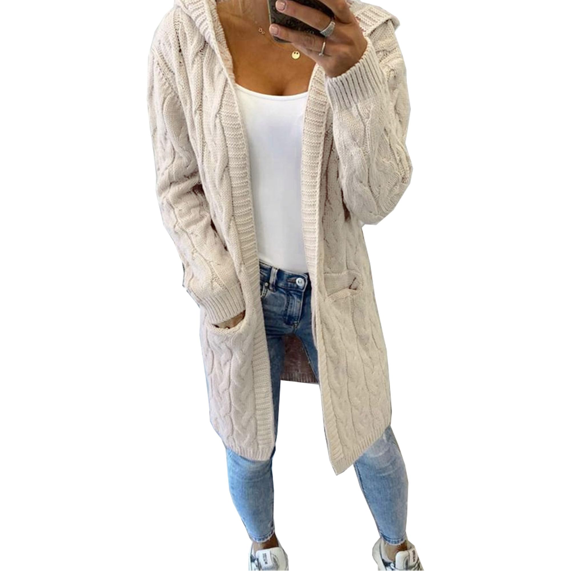 Hooded Chunky Cable Knit Cardigan Long Warm Winter Hood Open Front (Stone)