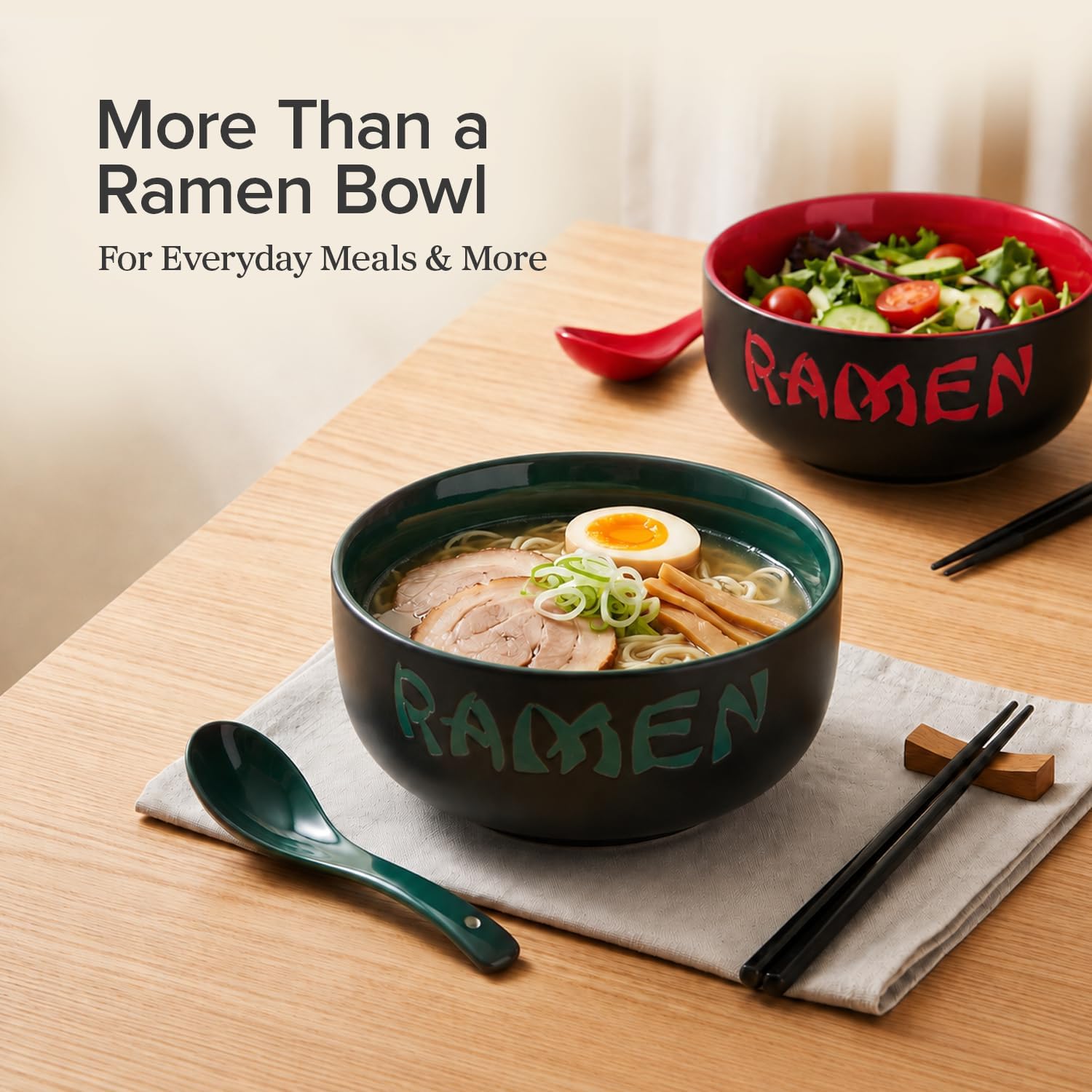 Ceramic Ramen Bowl Set of 2, Red and Green with Chopsticks, 37 oz image 2