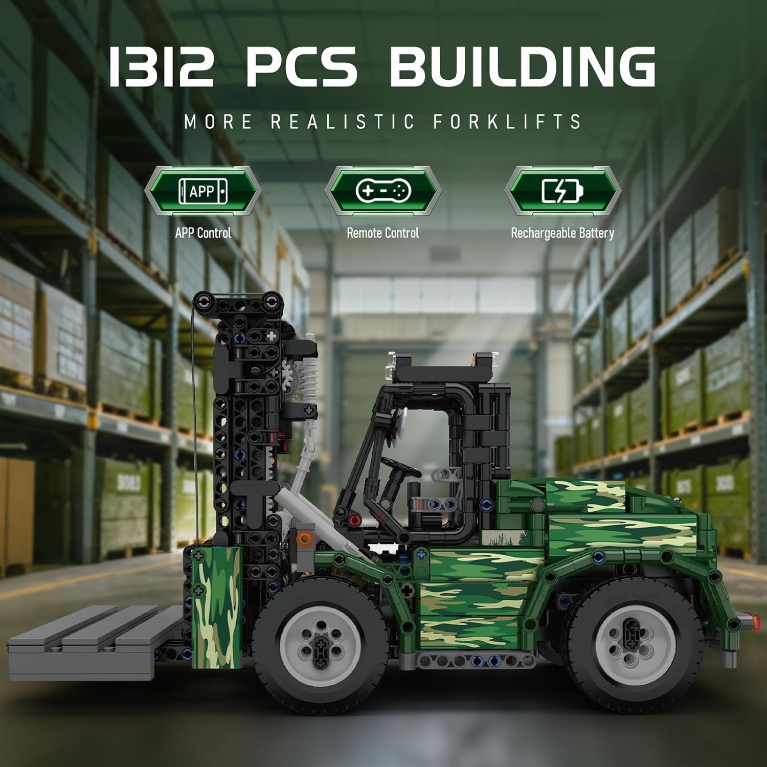 Mould King Military Forklifts • Set 20050 • SetDB Mould King 20050 ミリタリー フォークリフト 組み立てセット 1312個 高耐久 棚上げ トラック モデルキット ア