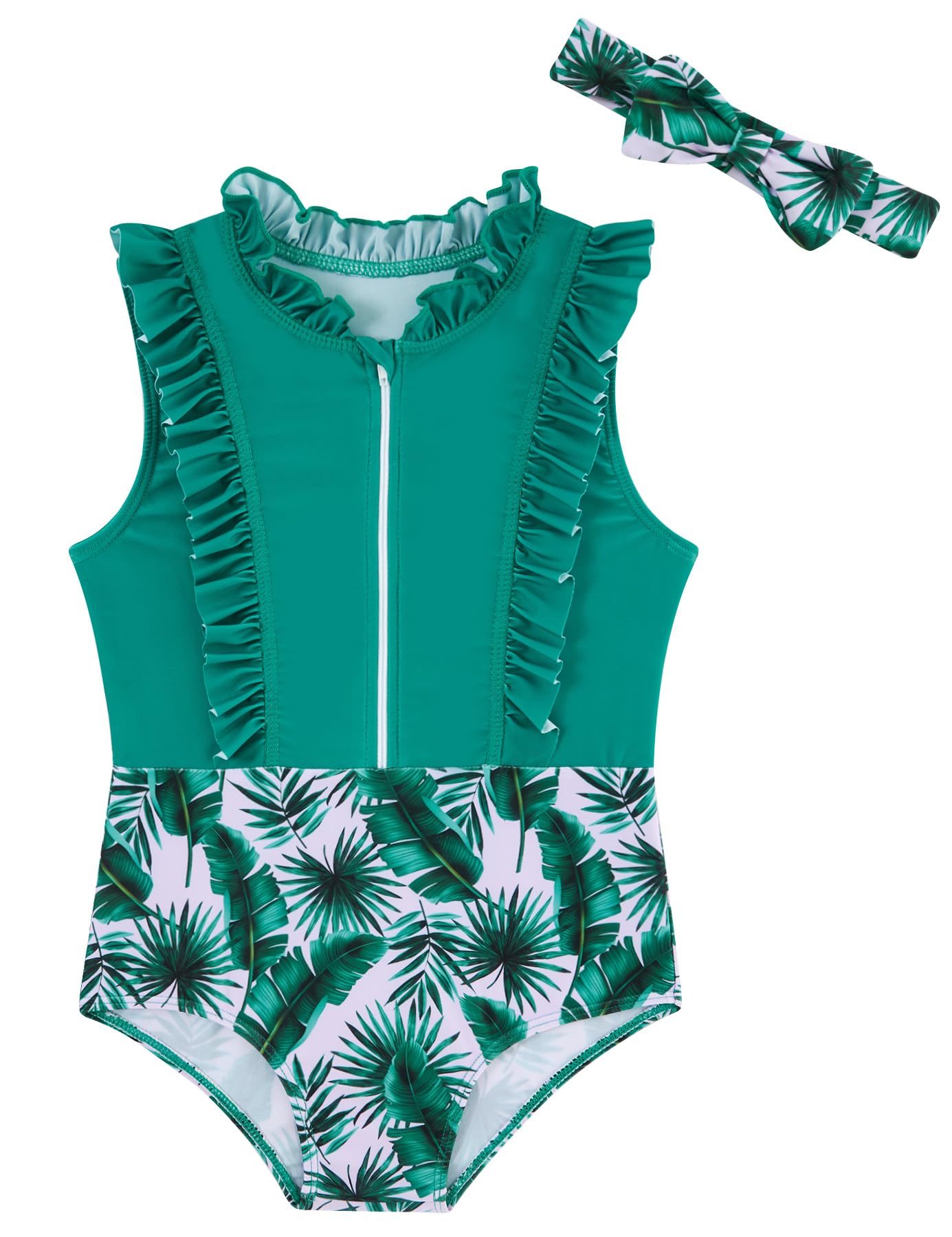 Kimoda Little Girls Swimsuits Toddler One Piece Bathing Suits Cute Zipper Beach Swimwear with Bow Headband 1-5T