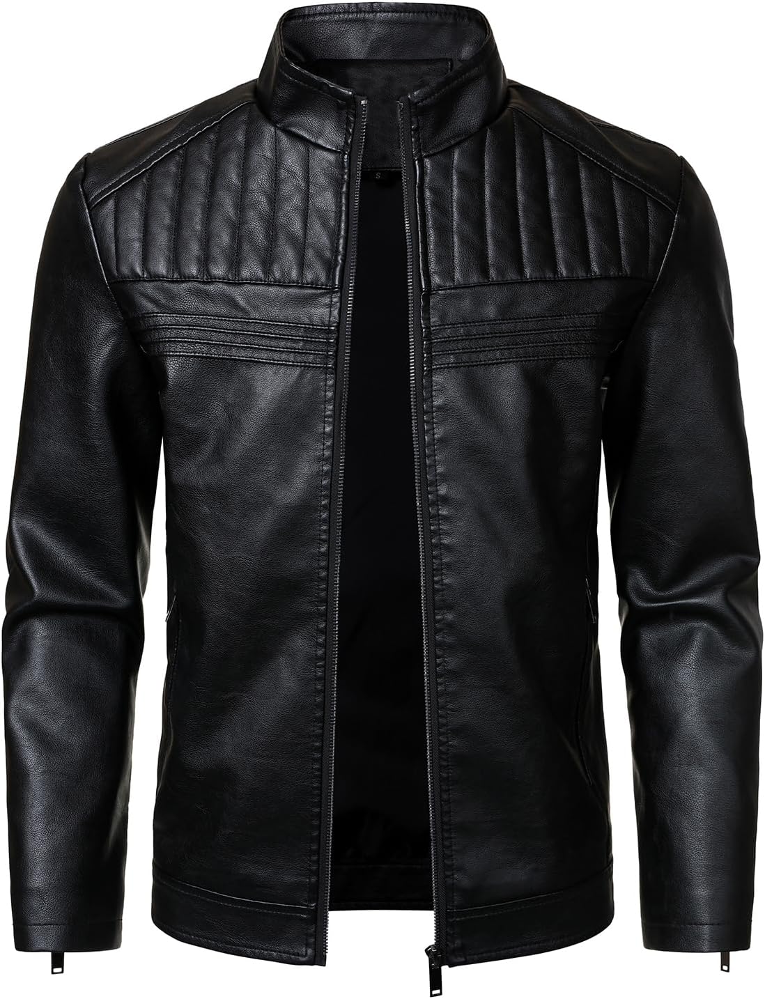 HOOD CREW Men’s Leather Jackets Faux PU Leather Motorcycle Jacket Stand Collar Biker Coat Outwear with Zipper Pockets