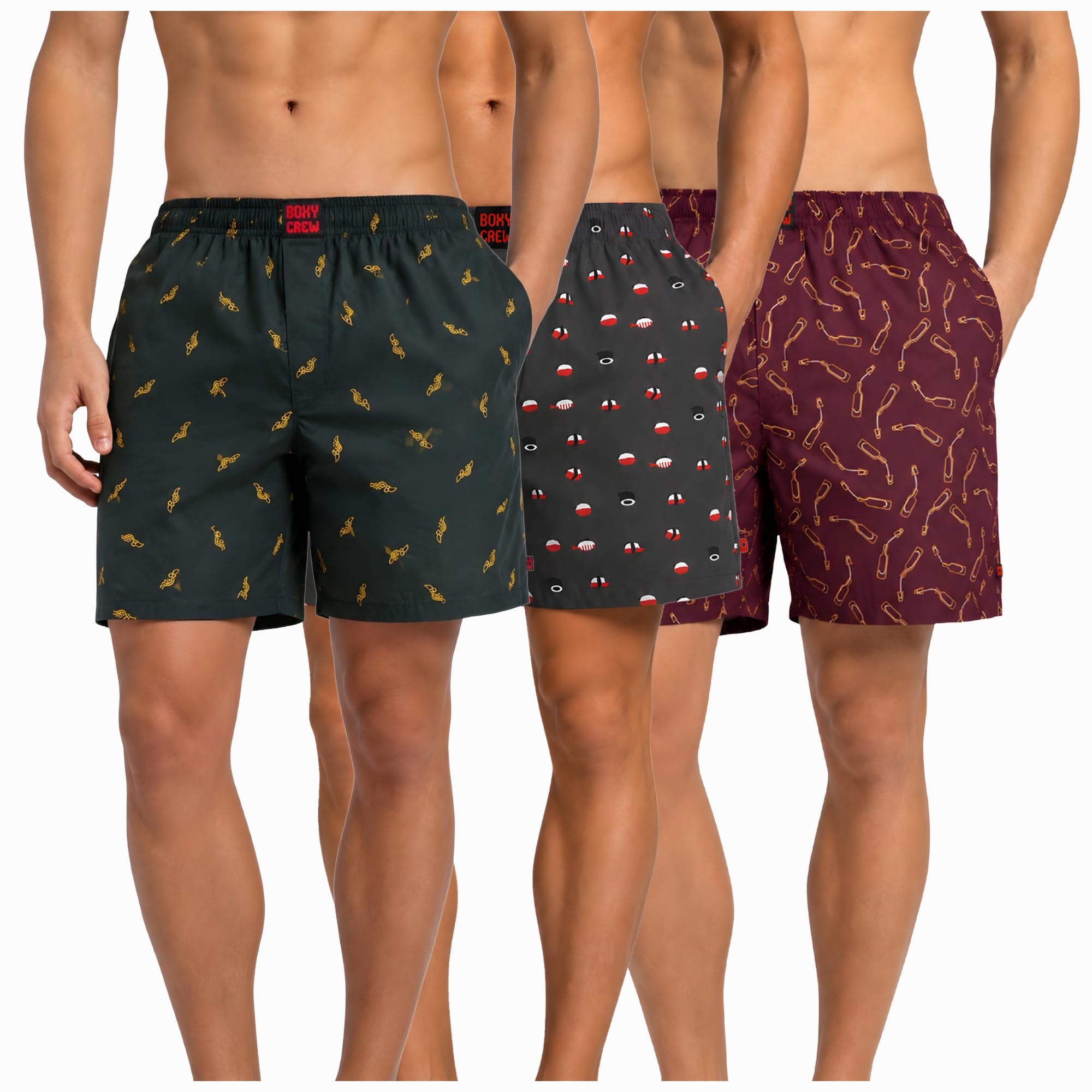 Men's 100% Cotton Boxer Shorts Pack of 3, Dark Teal, Charcoal & Maroon | Woven Boxers with Side Pockets, No-Marks Elastic Waistband, Breathable Relaxed Fit | Style 010-012-014-image-45