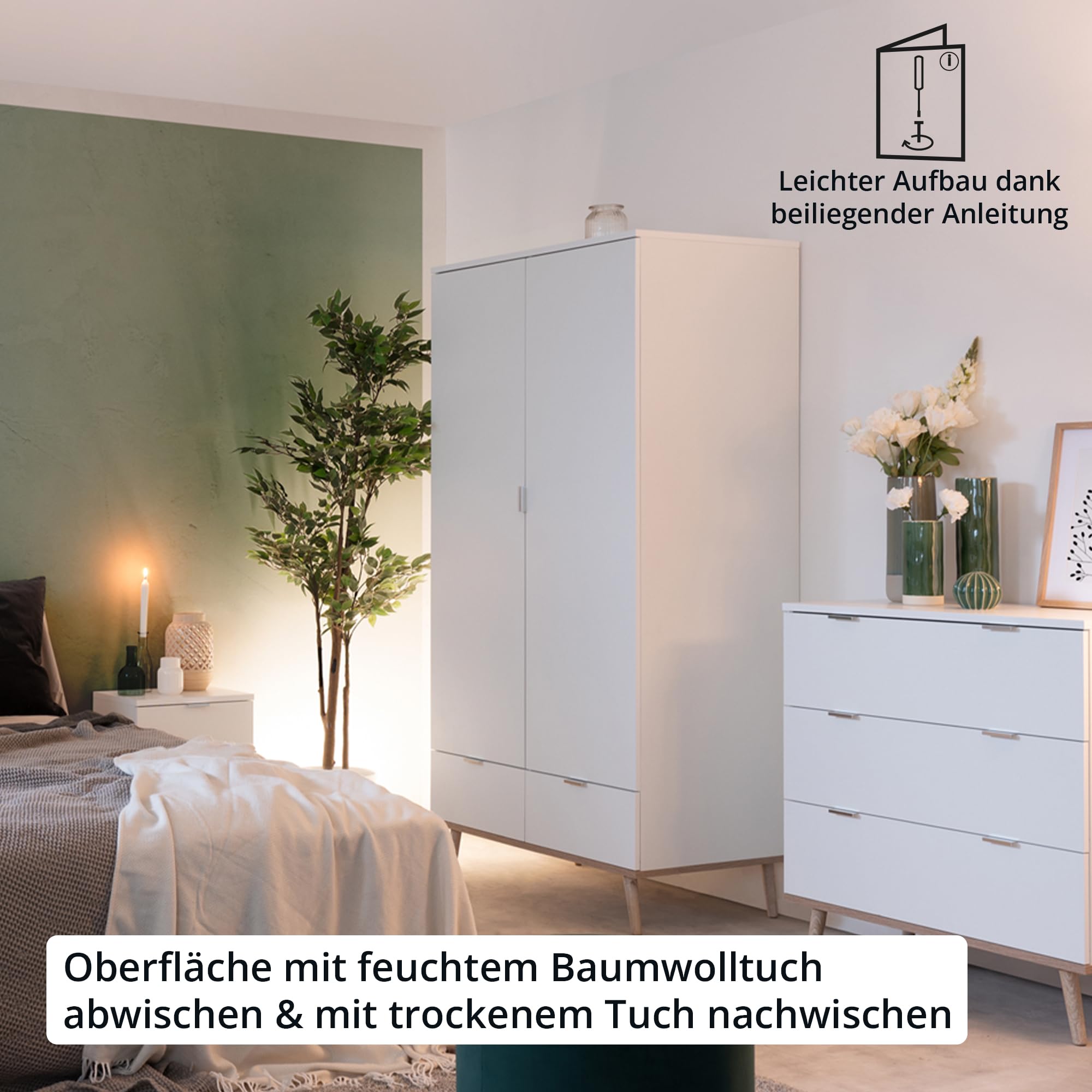 KHG Kleiderschrank 2-türig mit 2 Schubladen Scandi, Schublade, Tür | Sideboard aus Holzwerkstoff weiß foliert für Schlafzimmer, inkl. Kleiderstange 90x180x55 cm (B/H/T), für Stauraum
