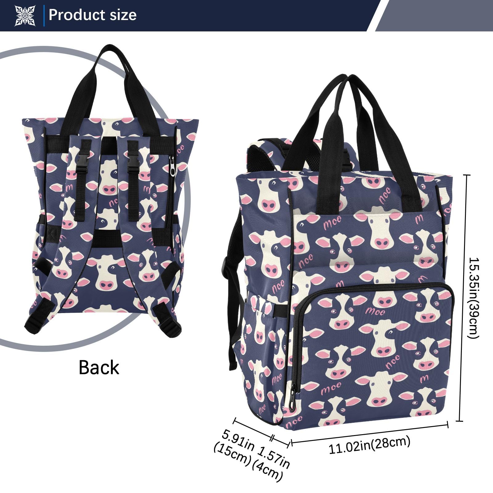 Mnsruu Borsa per pannolini per bambini viola con mucca zaino grande borsa impermeabile da viaggio borse per pannolini per mamme e papà